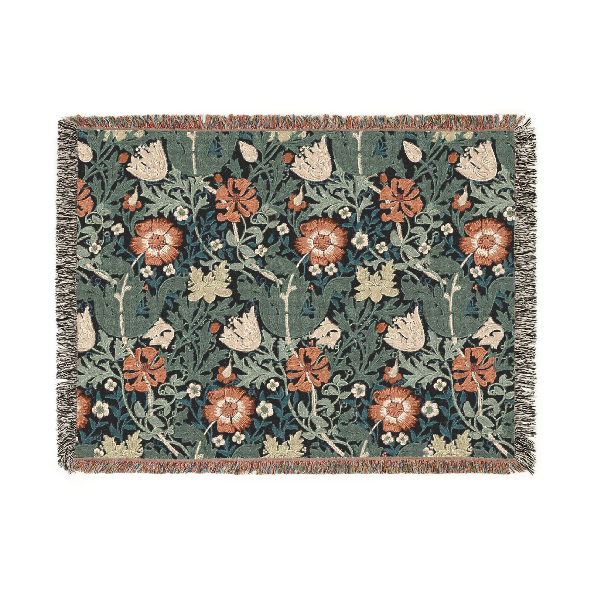 A woven cotton blanket with a floral pattern in green, brown, and beige colors, featuring colorful fringed edges.