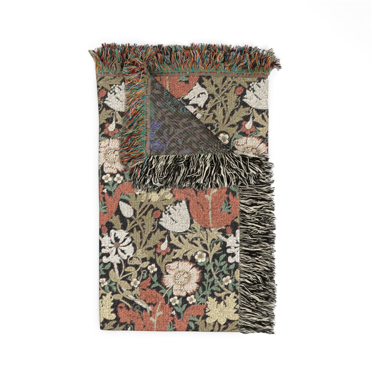 Floral patterned throw blanket with fringes on a white background