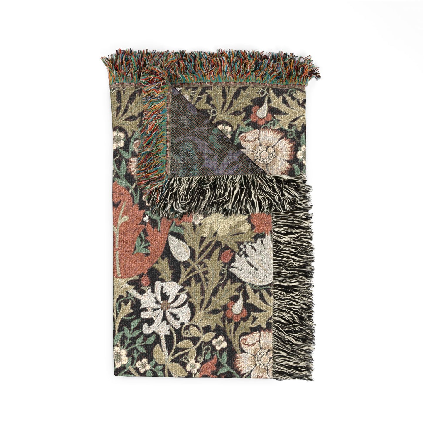 Floral patterned throw blanket with fringes on a white background