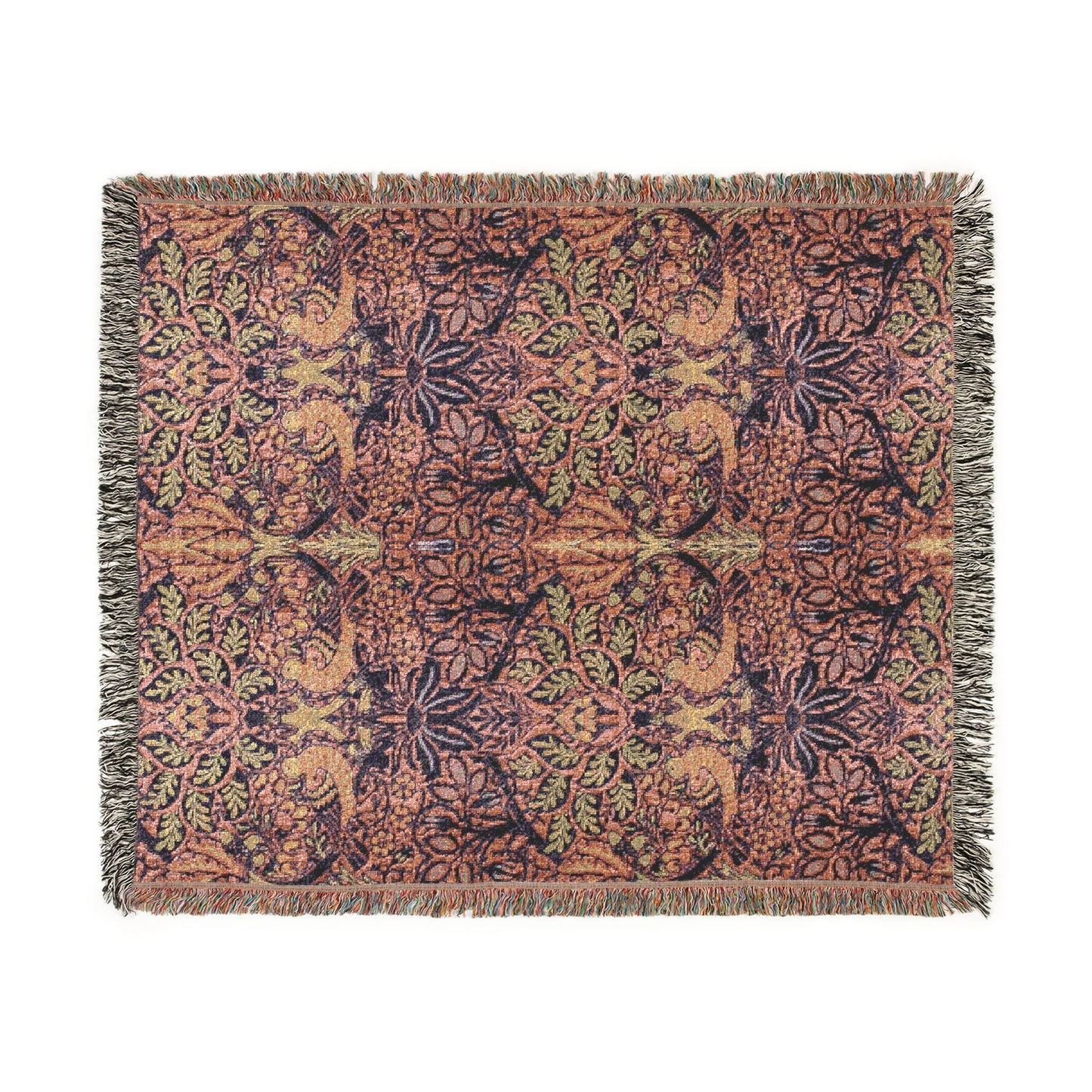 Patterned throw blanket with fringe on a white background