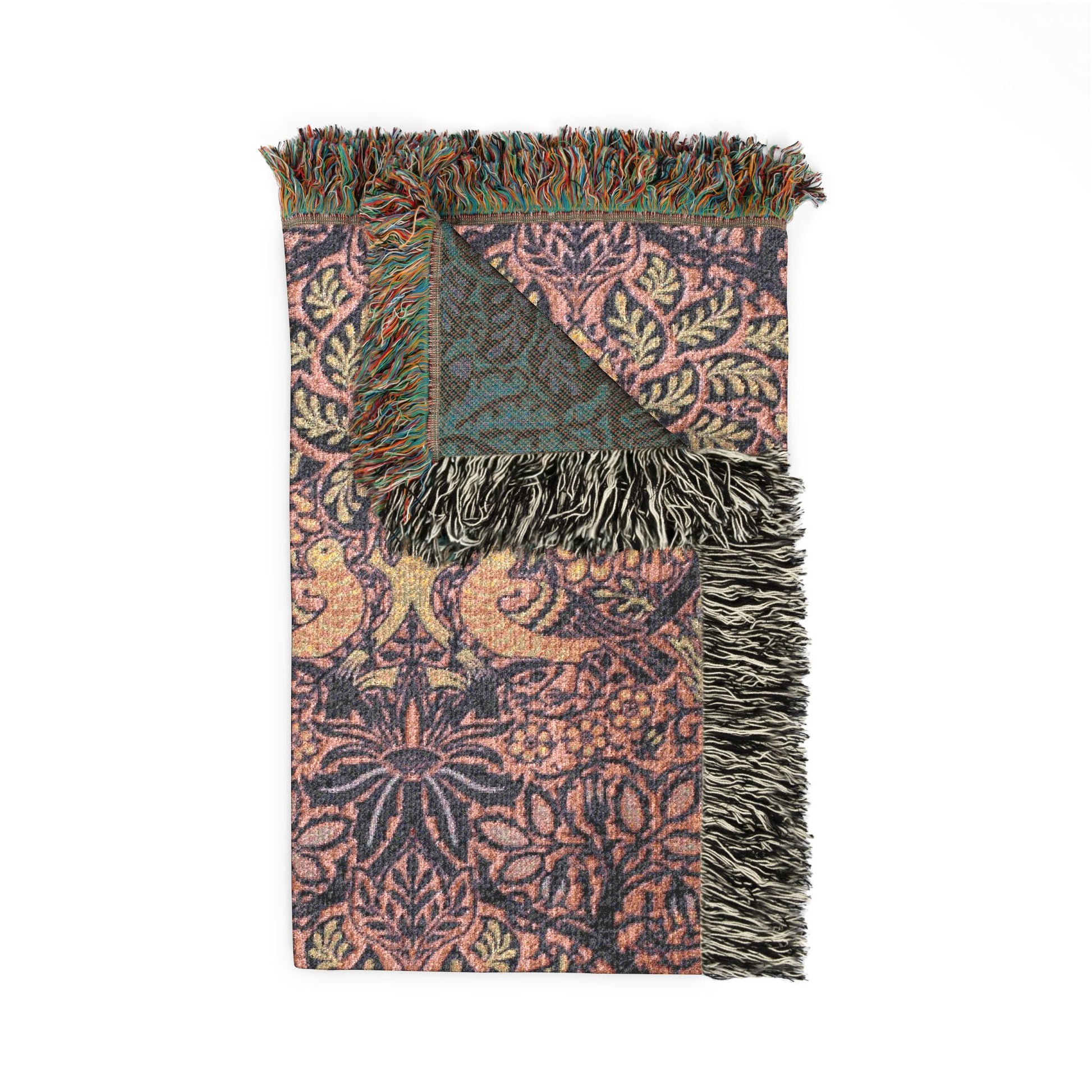 Patterned throw blanket with fringes on a white background