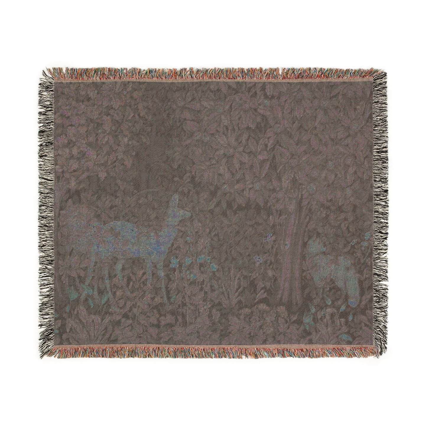 Woven blanket with deer design on a plain background