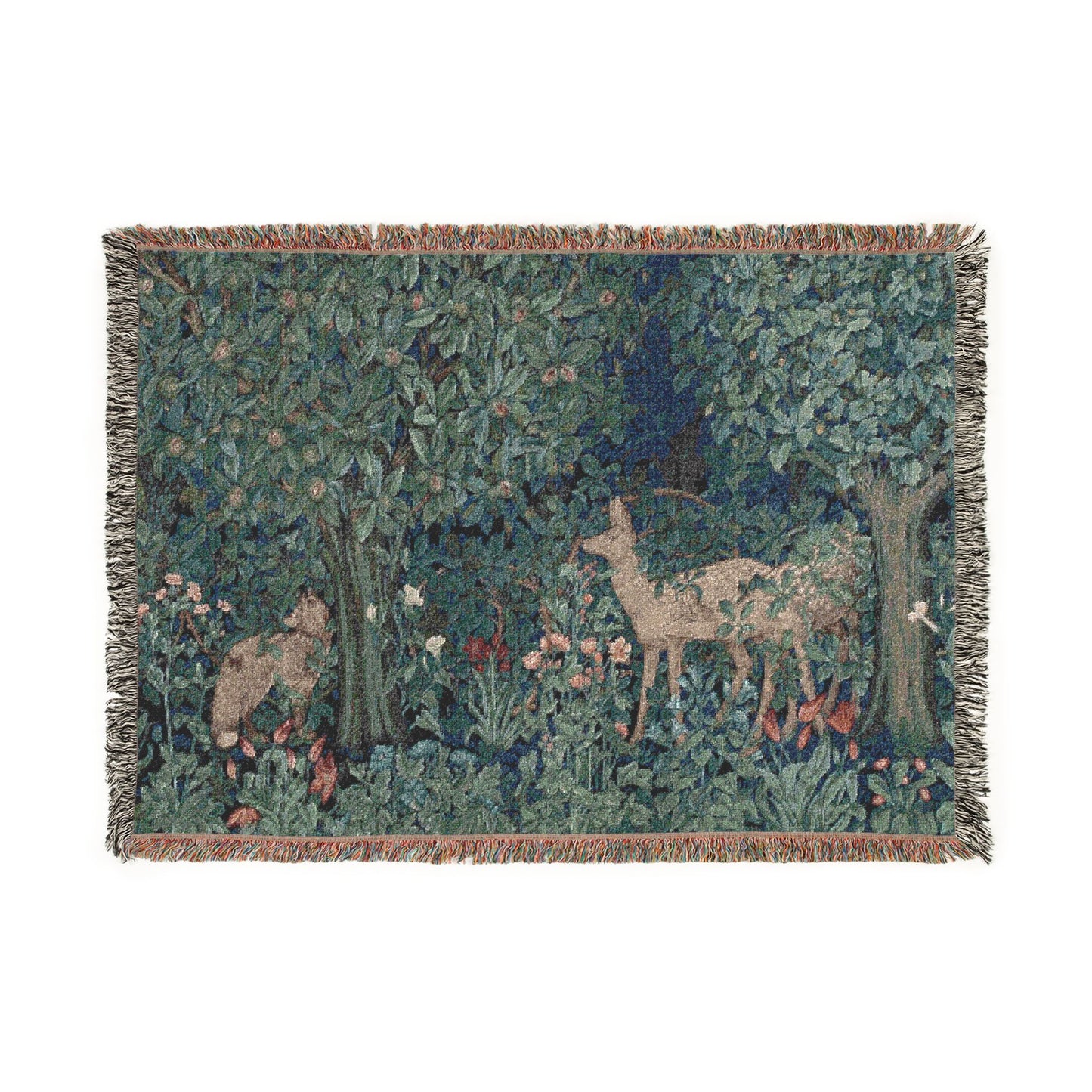 Woven tapestry with deer and nature design on a white background