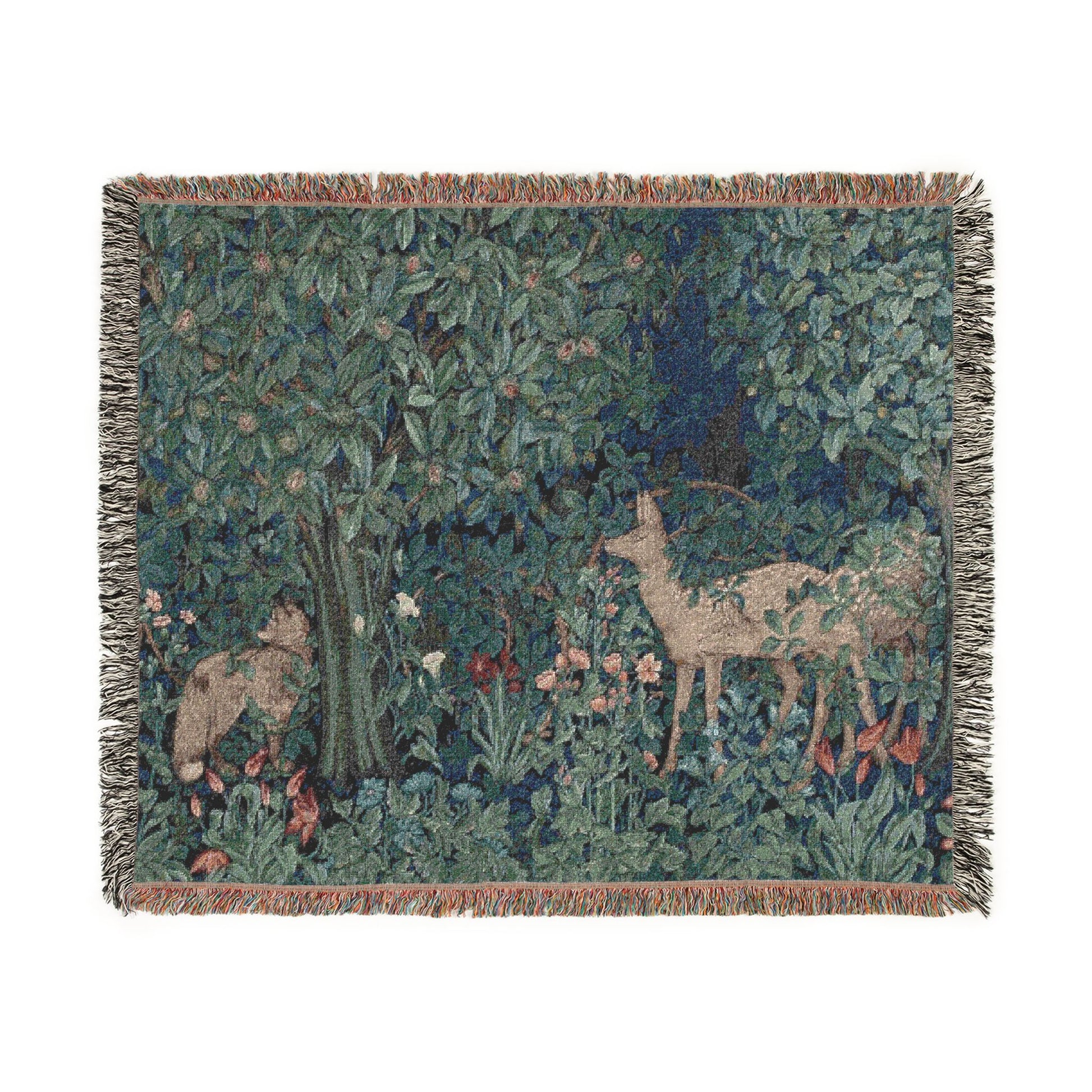 Woven tapestry with deer and nature design on a white background