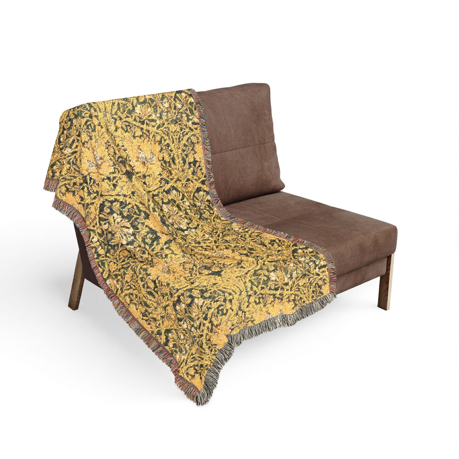 Brown chair with a yellow patterned throw blanket on a white background