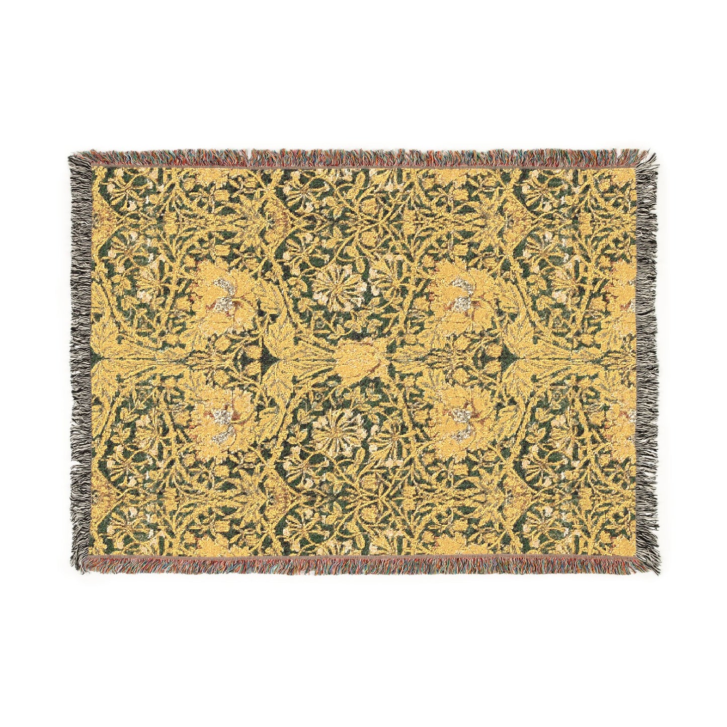 Floral patterned throw blanket with a green and yellow design on a white background