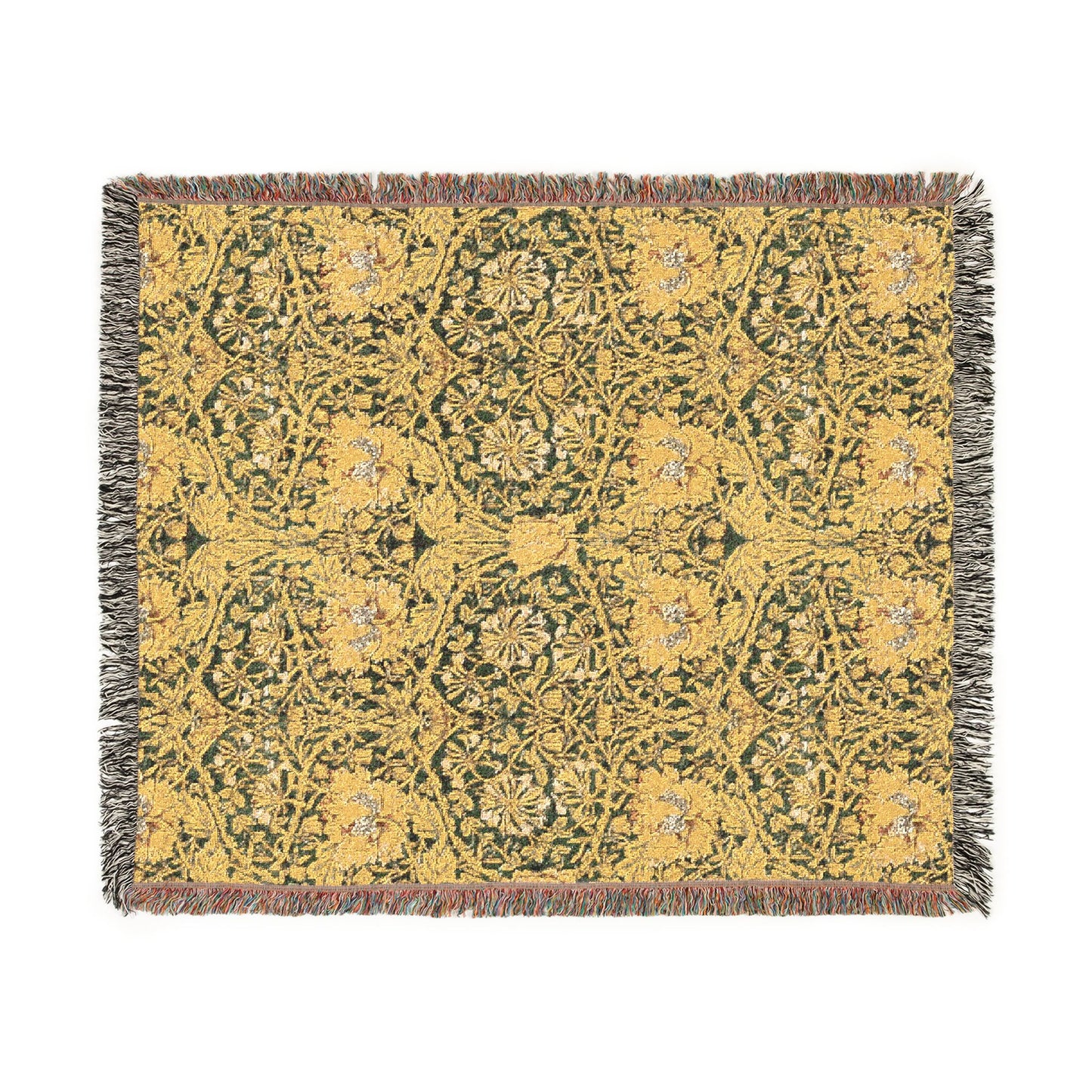 Decorative throw blanket with a yellow and green pattern on a white background