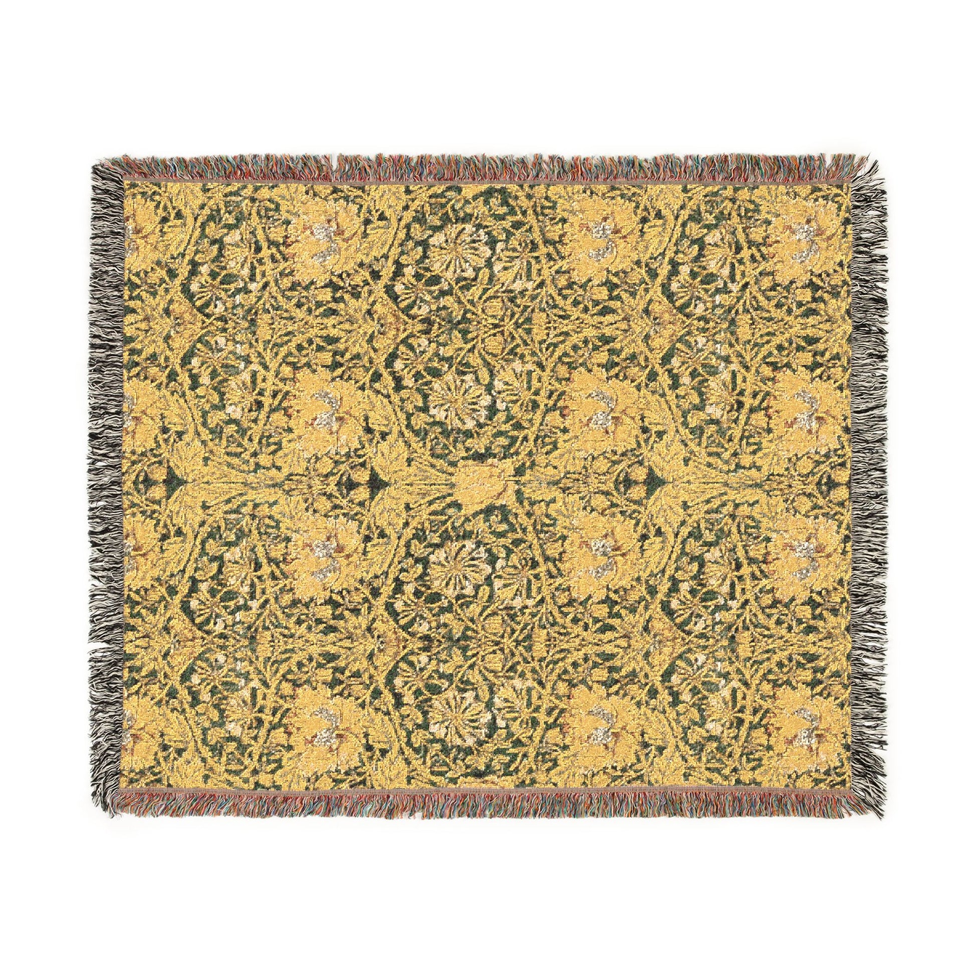 Decorative throw blanket with a yellow and green pattern on a white background