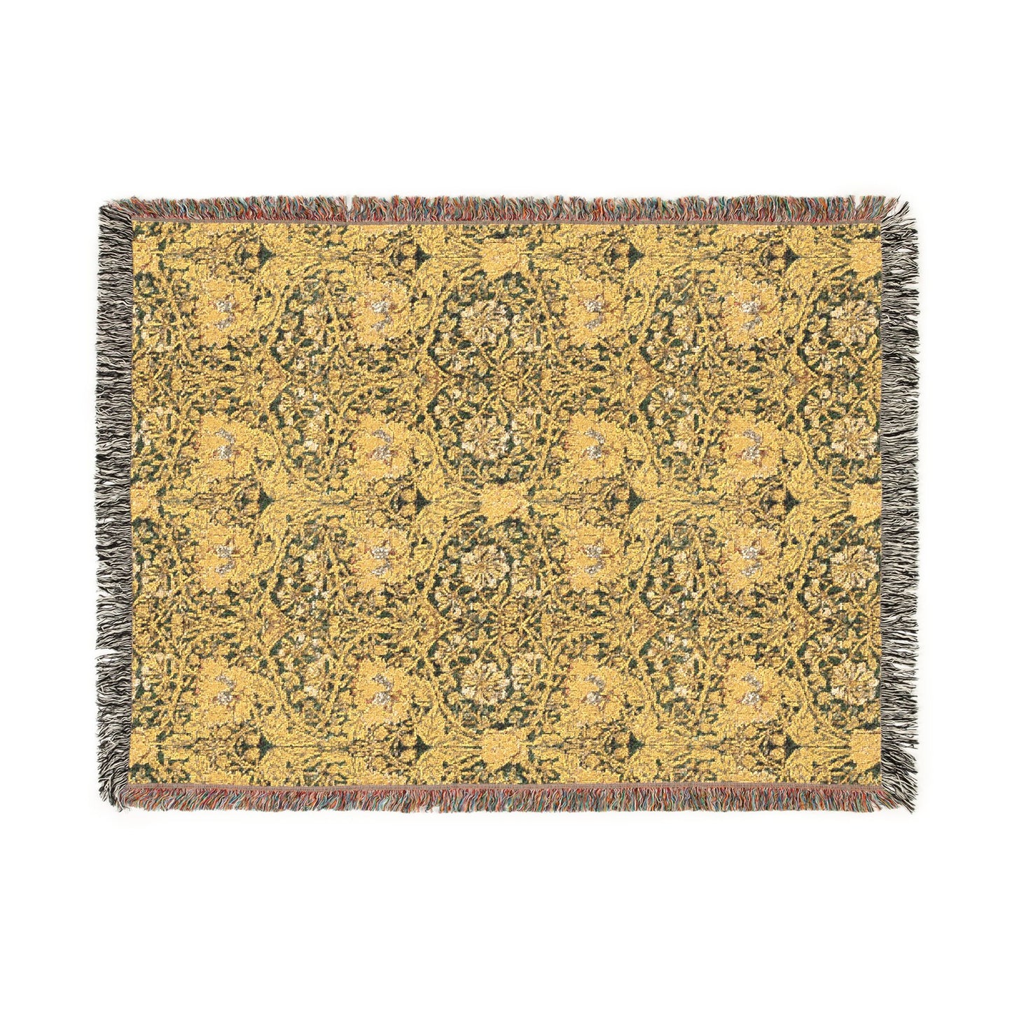 Yellow patterned rug with fringe on a white background