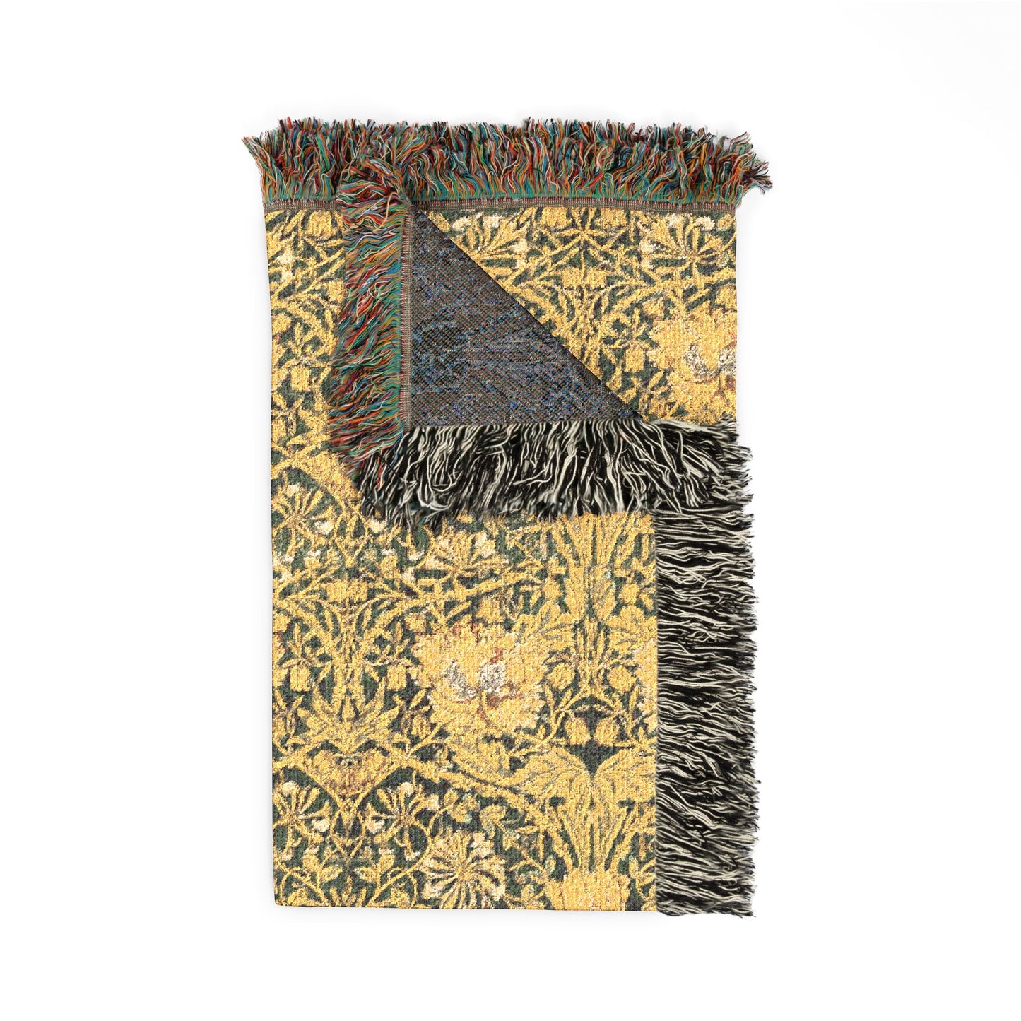 Patterned throw blanket with fringes on a white background