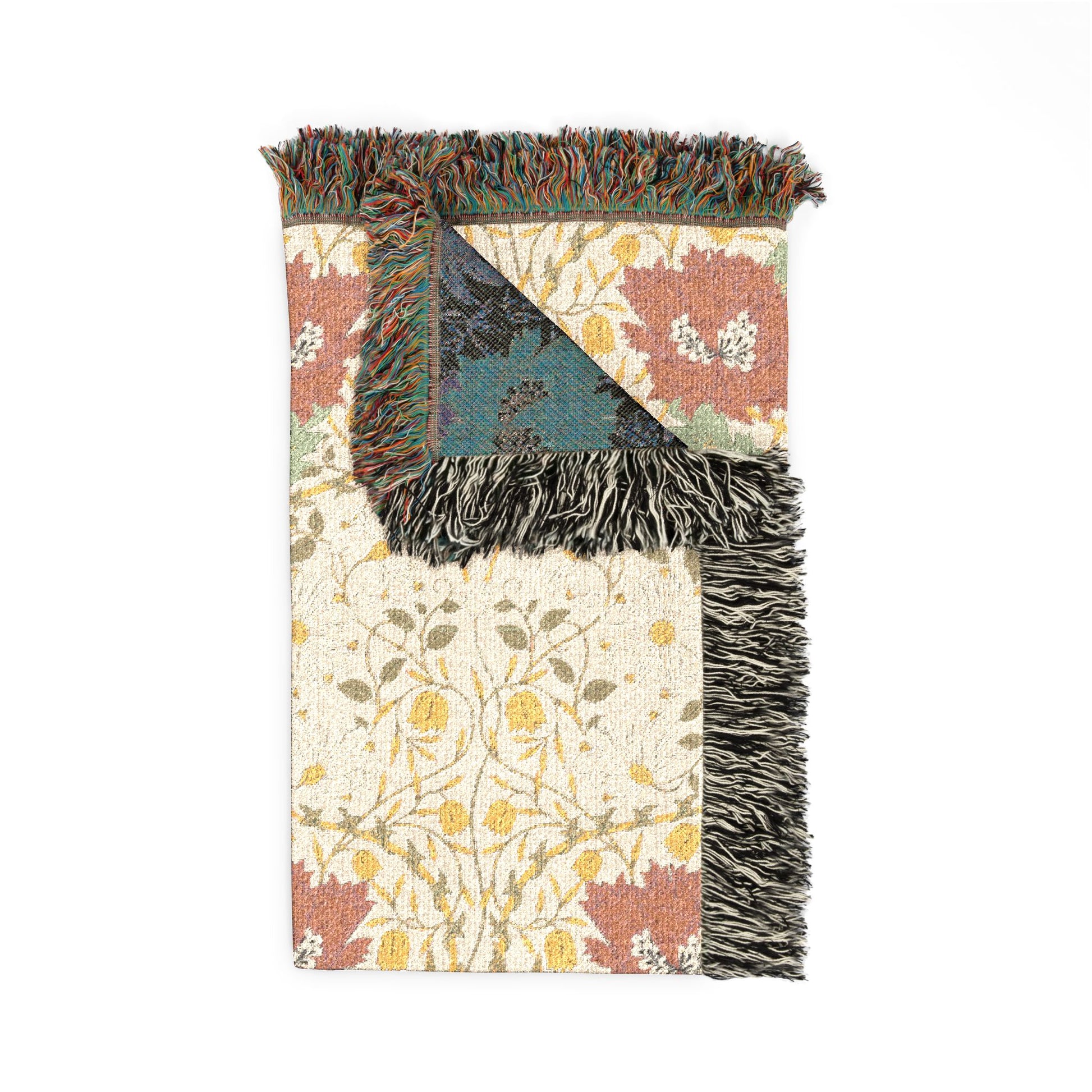 Decorative rug with floral patterns and fringed edges on a white background