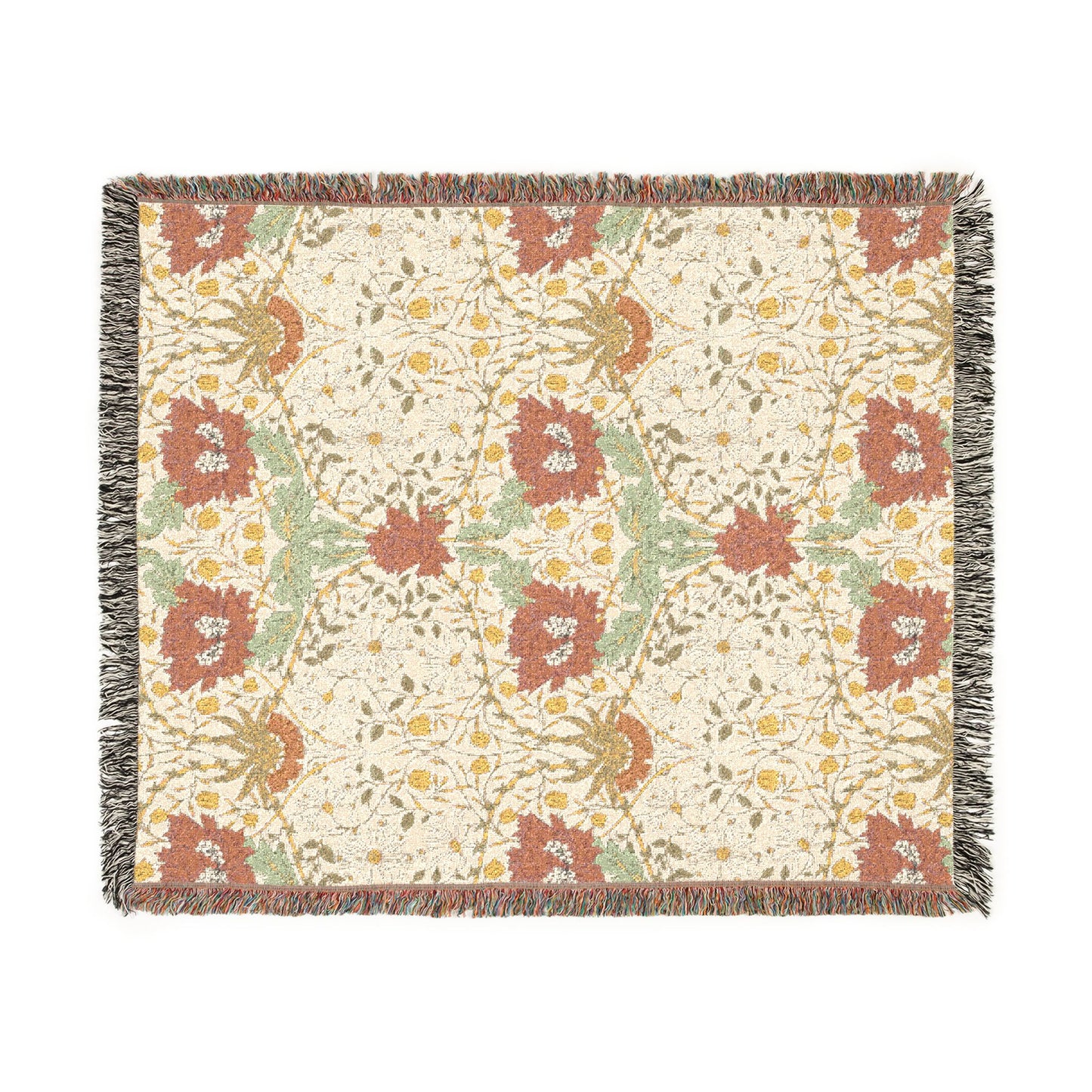 Floral patterned throw blanket with a textured border on a white background