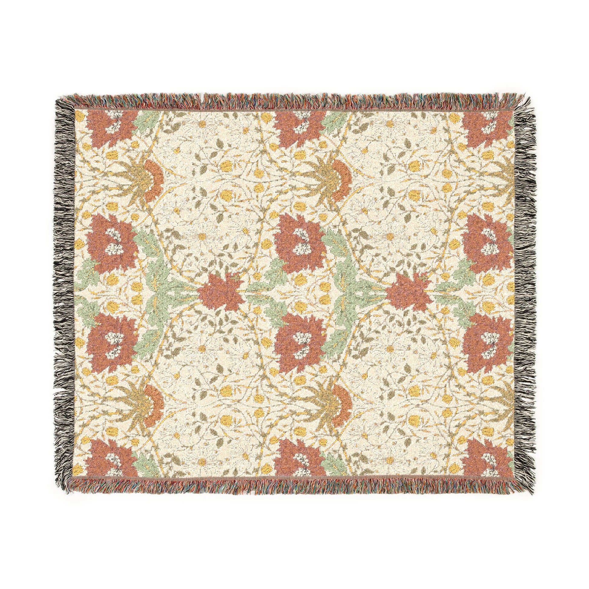 Floral patterned throw blanket with a textured border on a white background
