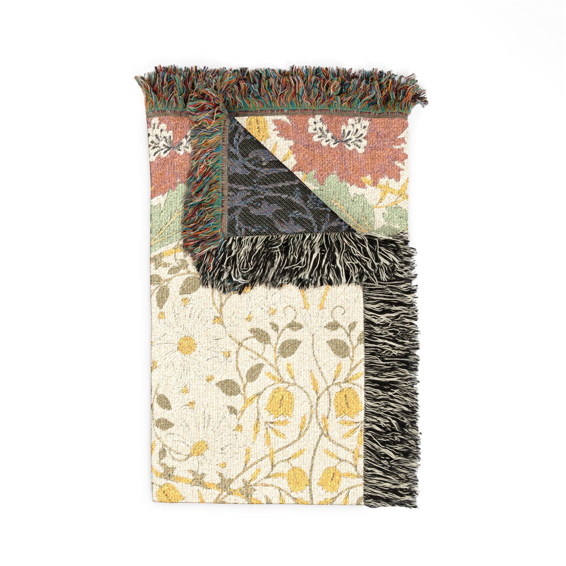 Multicolored woven rug with floral patterns and fringed edges on a white background