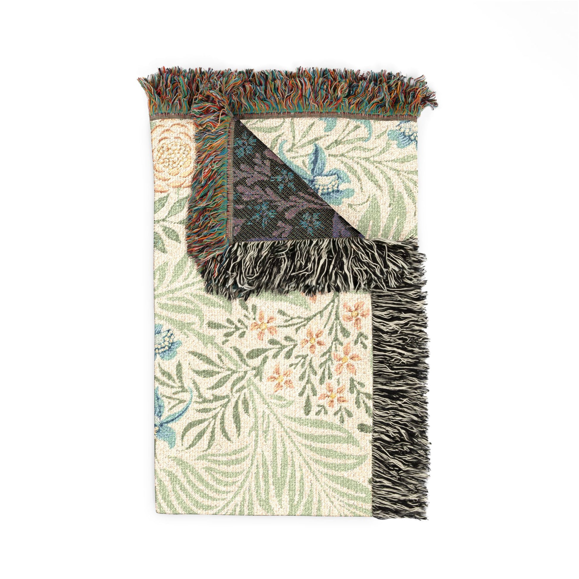Decorative rug with floral patterns and fringed edges on a white background
