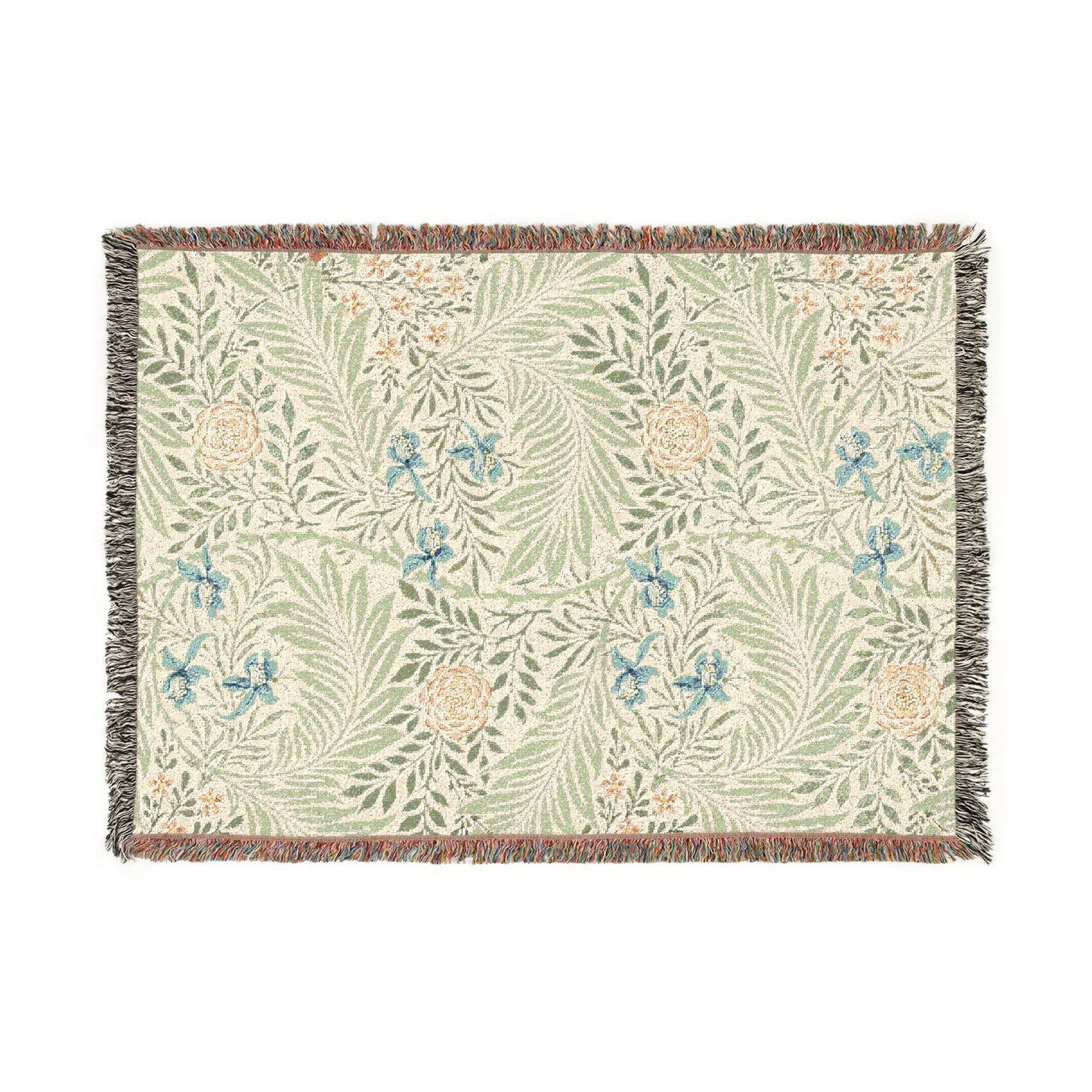 Floral patterned throw blanket with green leaves and blue flowers on a white background