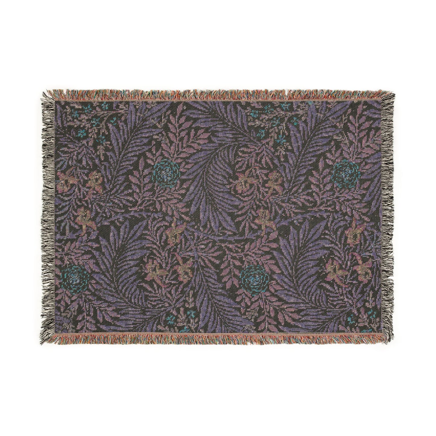 Floral patterned throw blanket with fringe on a white background