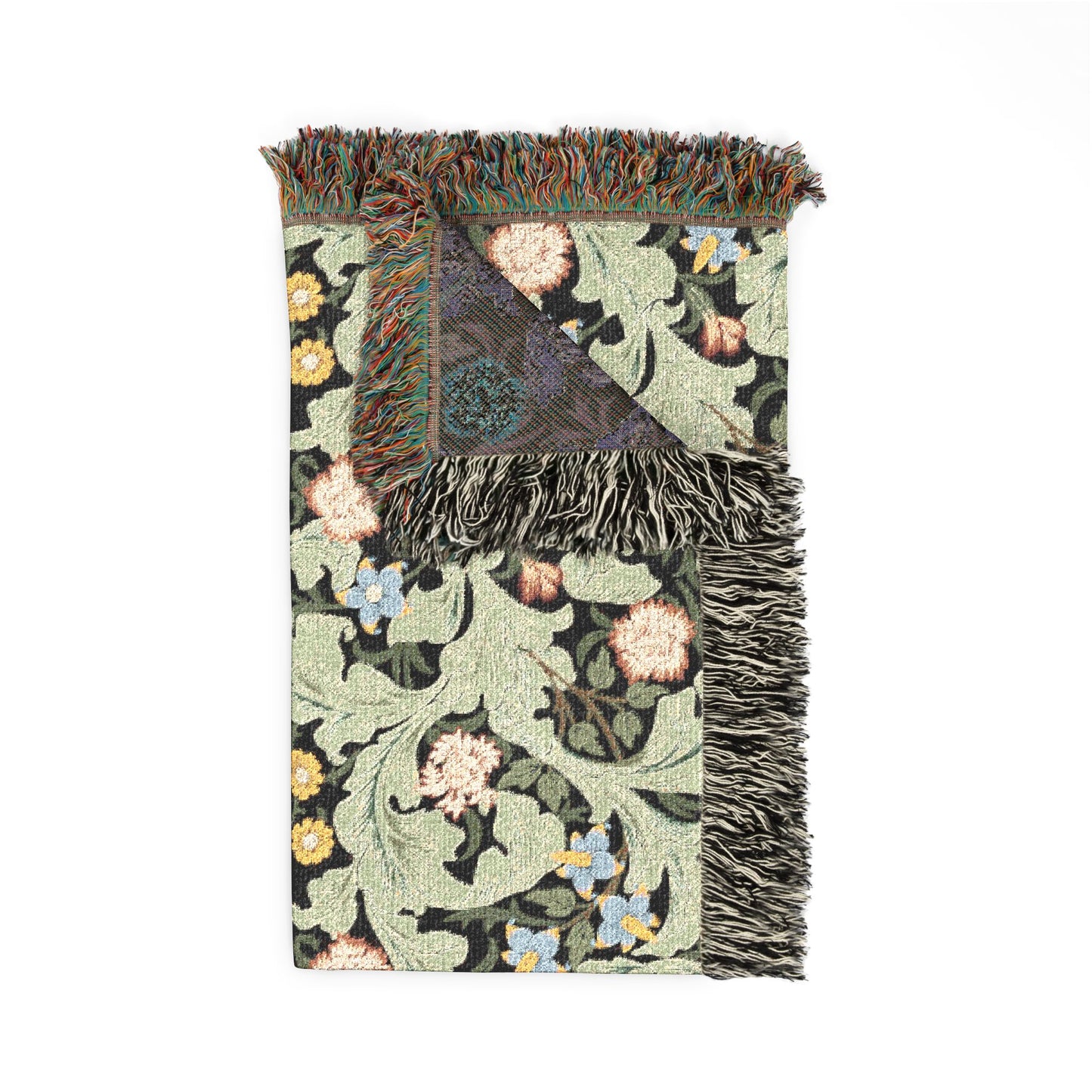 Floral patterned throw blanket with fringes on a white background