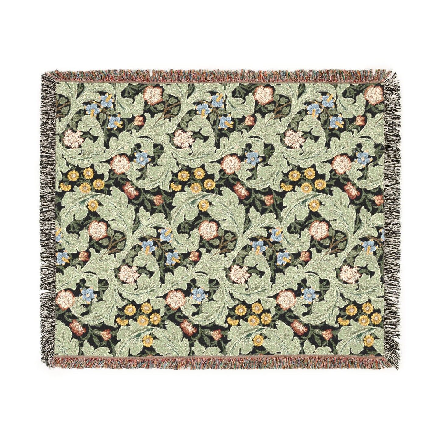 Floral patterned throw blanket with fringe on a white background