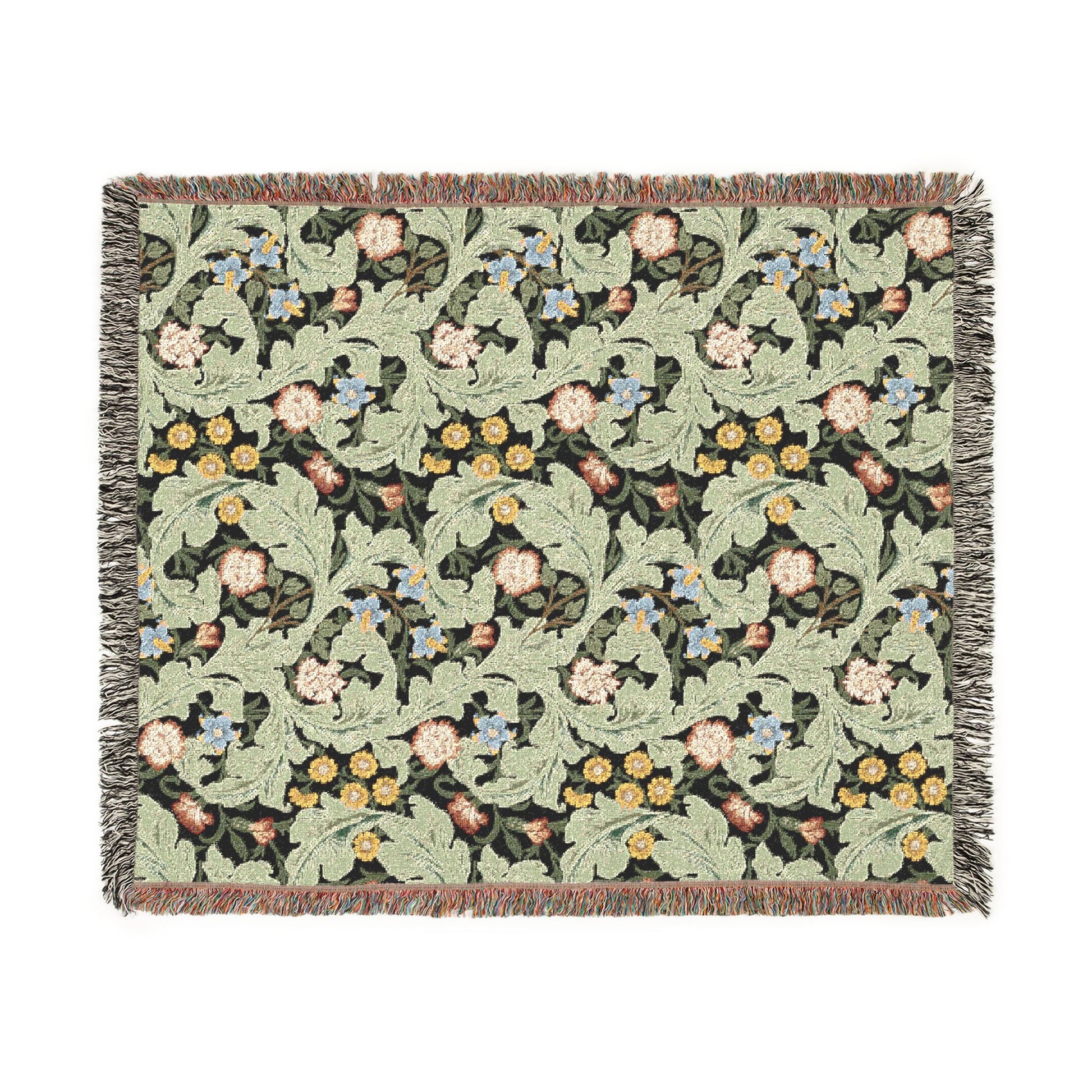 Floral patterned throw blanket with fringe on a white background