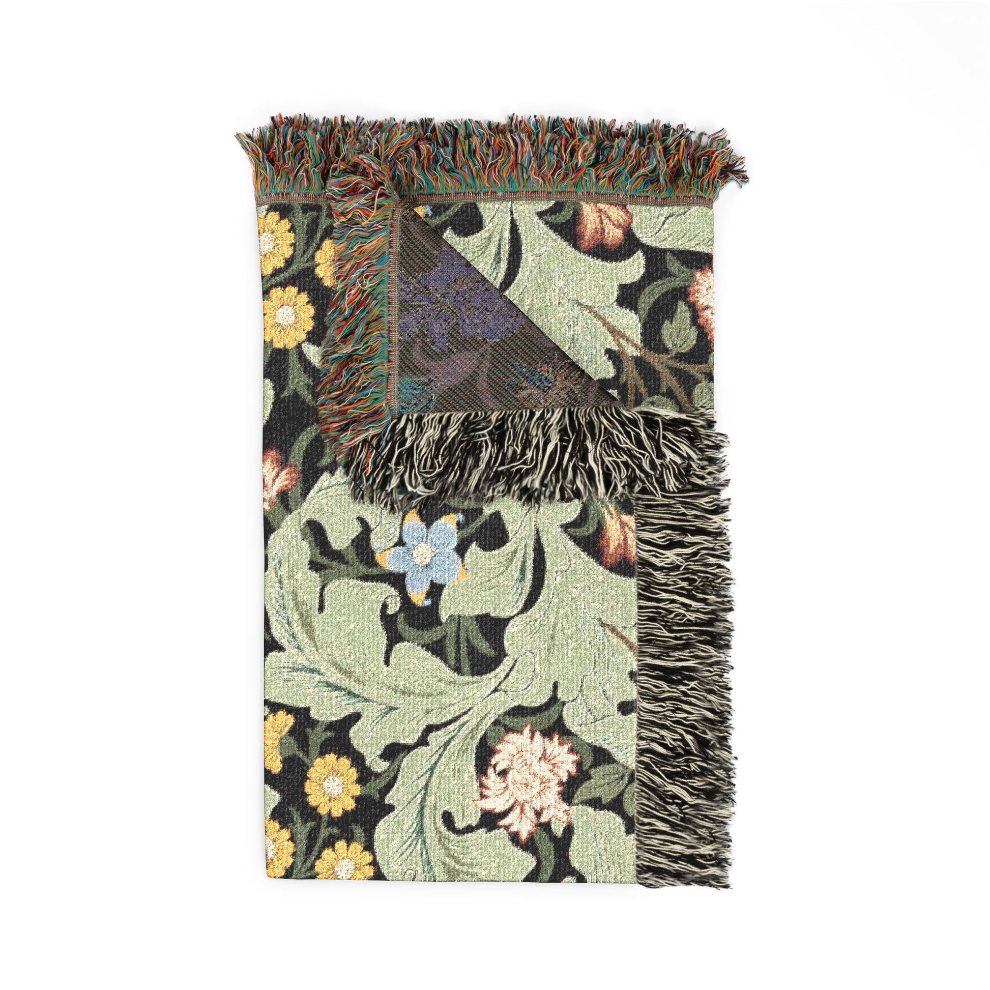 Floral patterned throw blanket with fringes on a white background