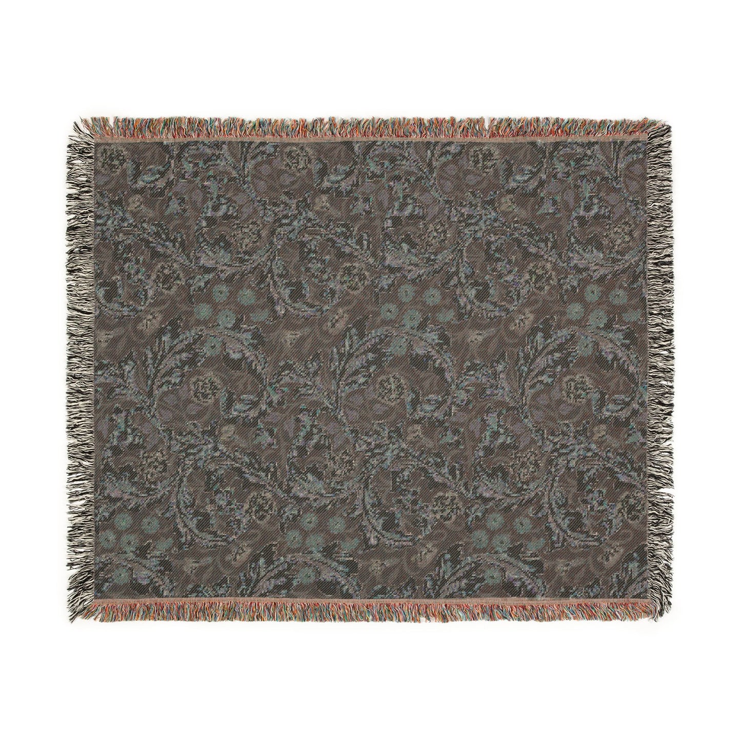 Patterned throw blanket with fringes on a white background