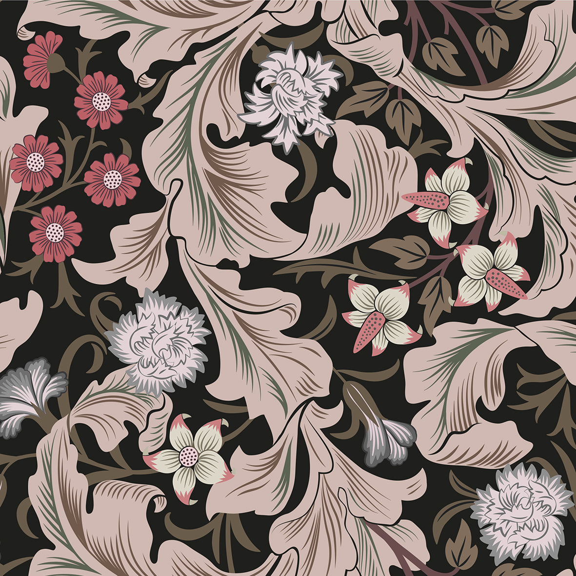 Decorative floral pattern with pink, white, and green flowers on a dark background