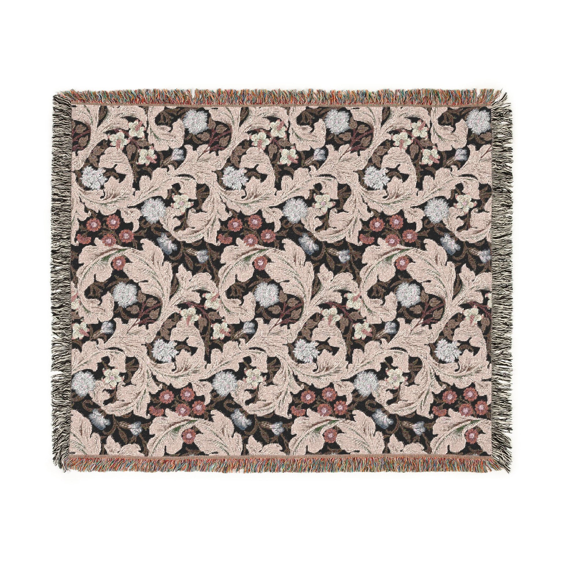 Decorative throw blanket with intricate floral pattern on a white background