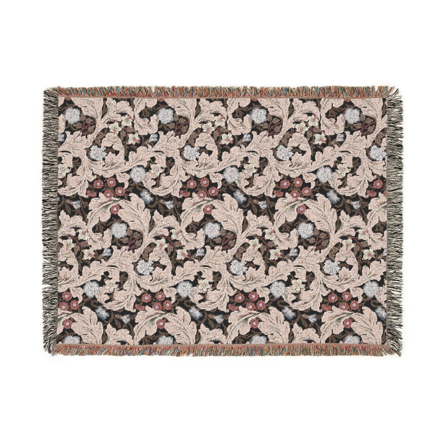 Decorative throw blanket with intricate floral pattern on a white background