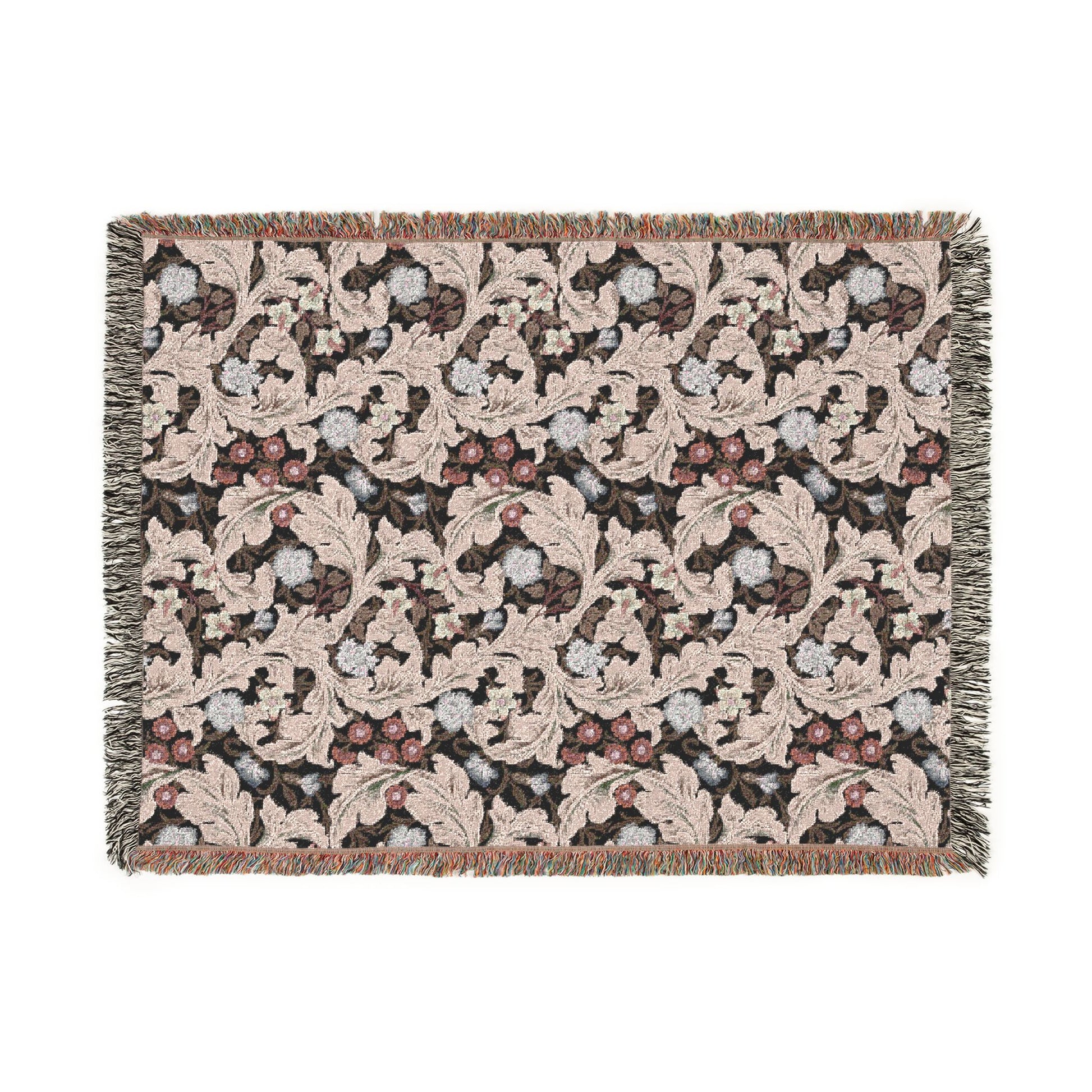 Decorative throw blanket with intricate floral pattern on a white background