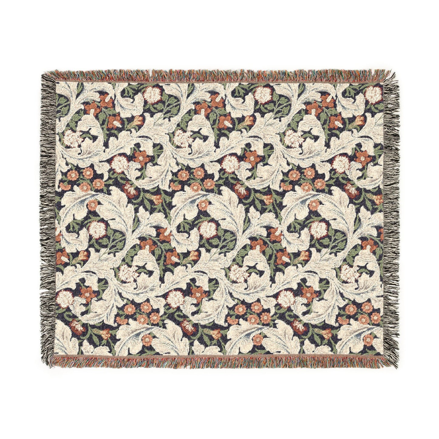 Floral patterned throw blanket with fringe on a white background