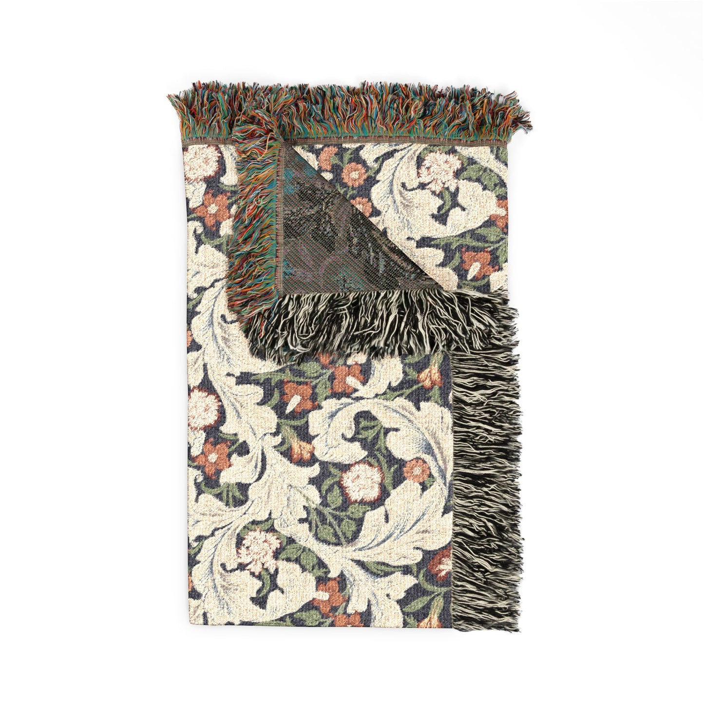 Decorative rug with floral pattern and fringed edges on a white background