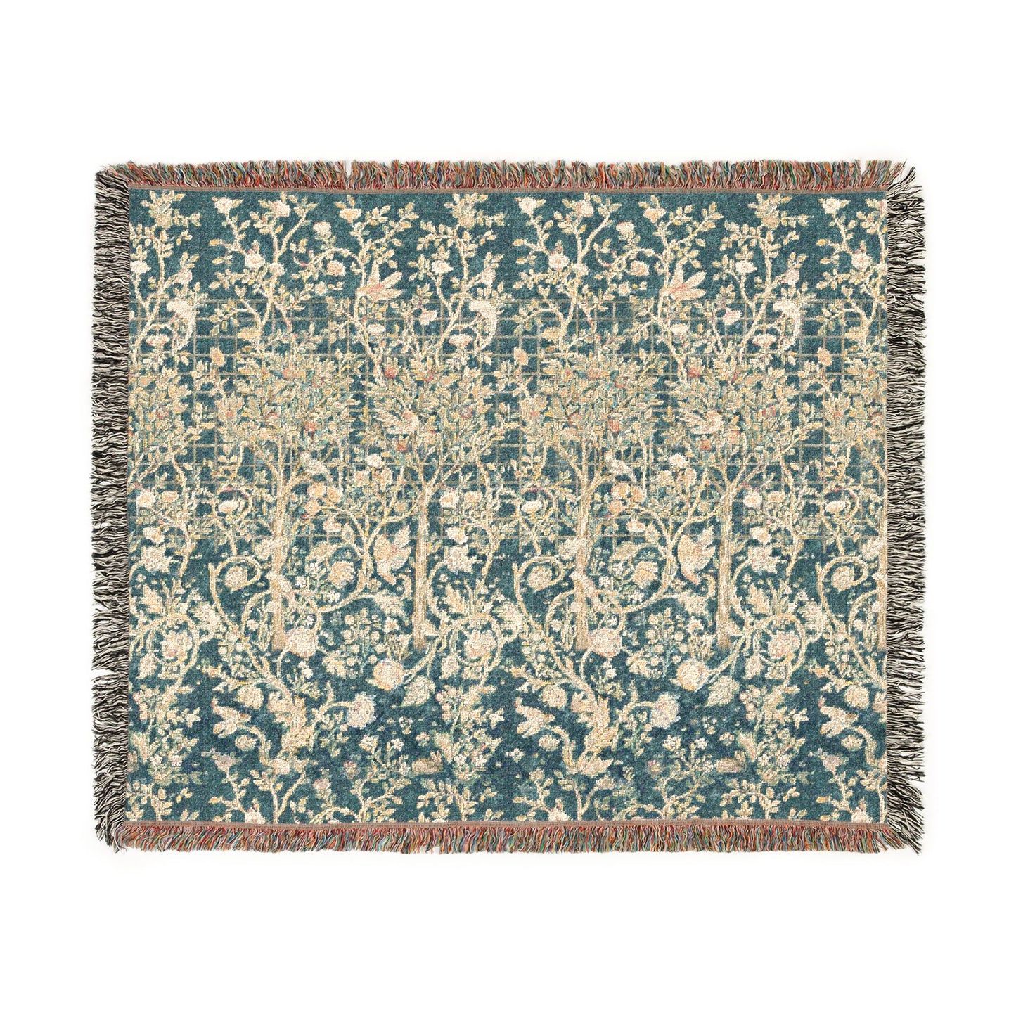 Floral patterned throw blanket with fringe on a white background