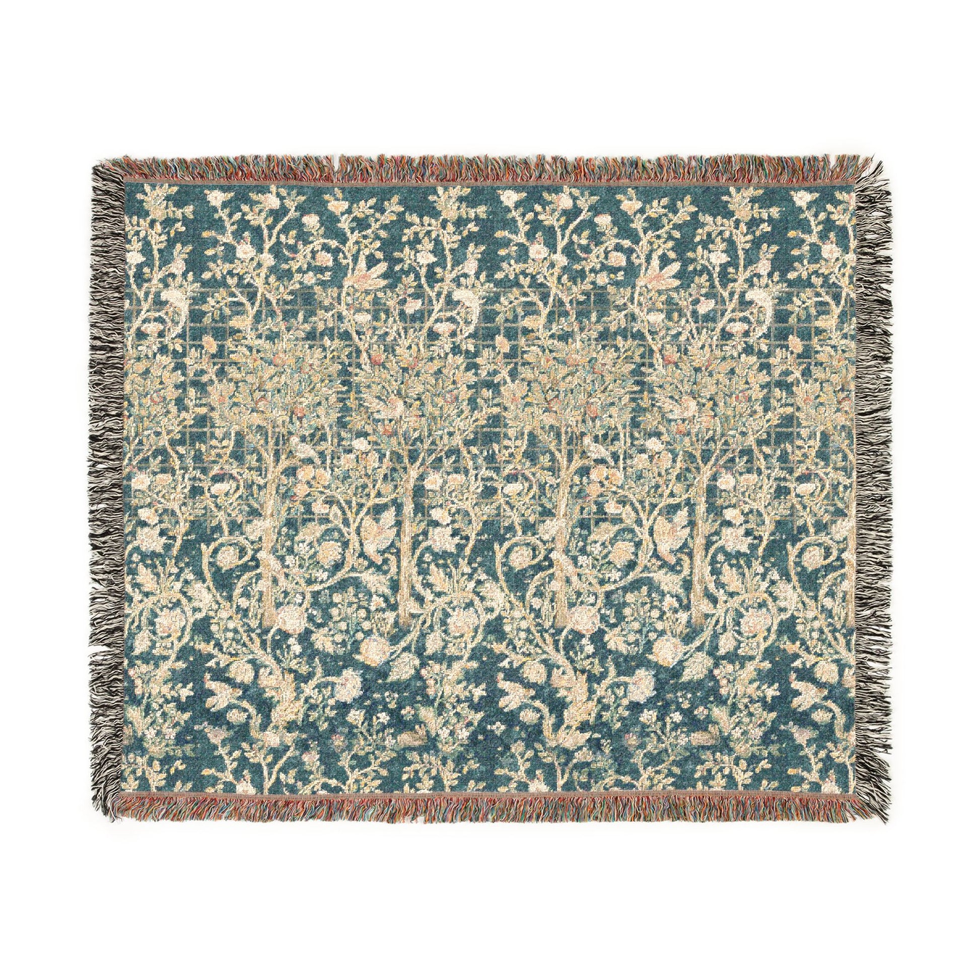 Floral patterned throw blanket with fringe on a white background