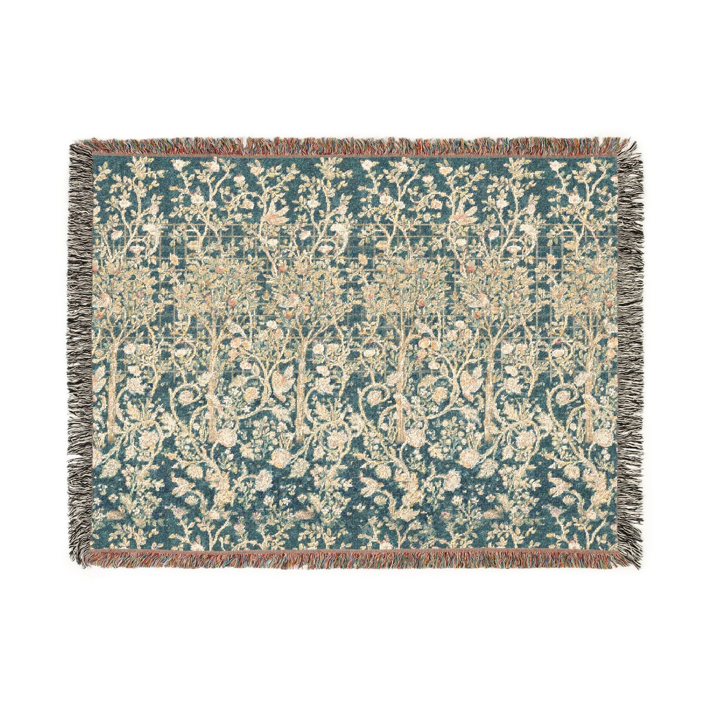 Floral patterned rug with a textured border on a white background