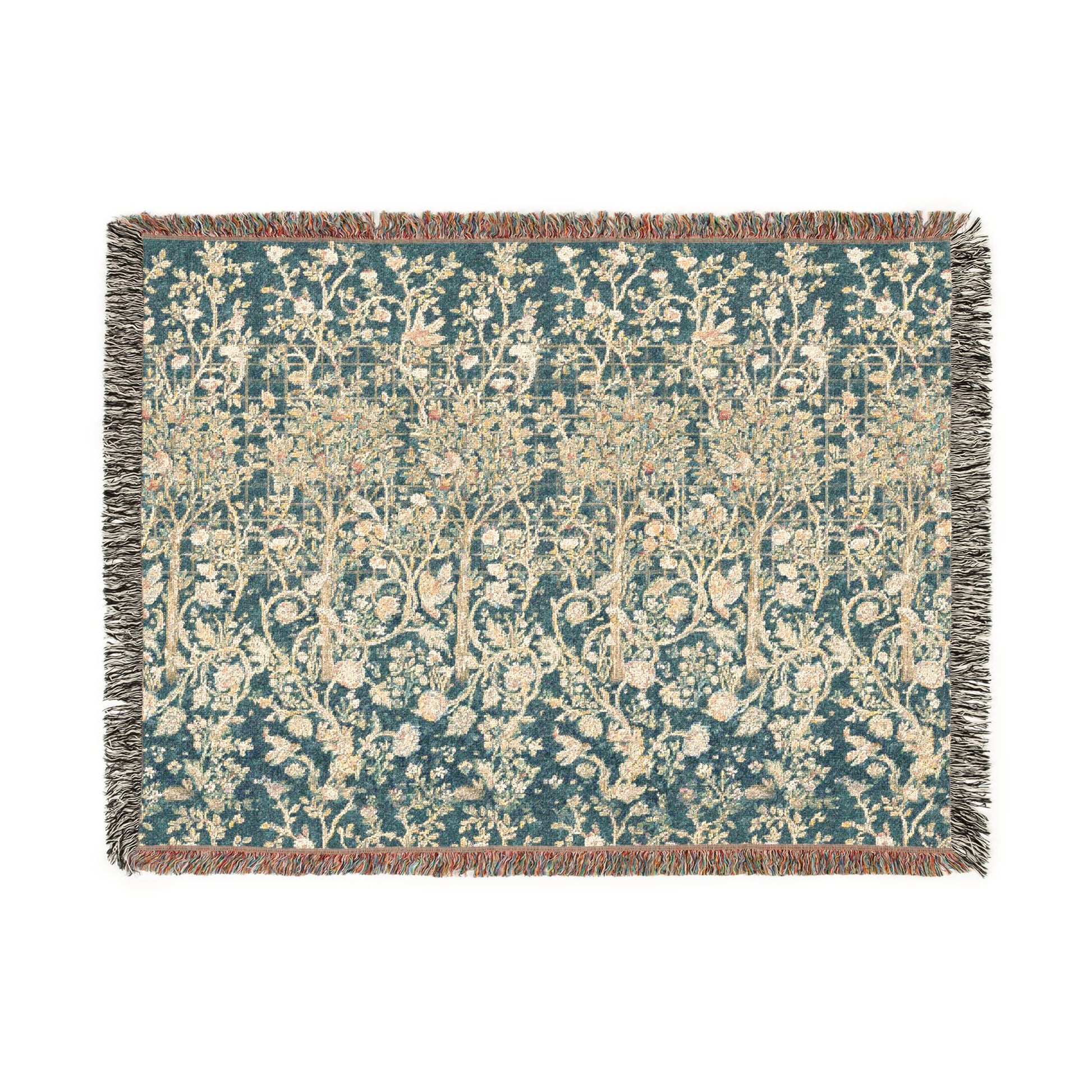 Floral patterned rug with a textured border on a white background