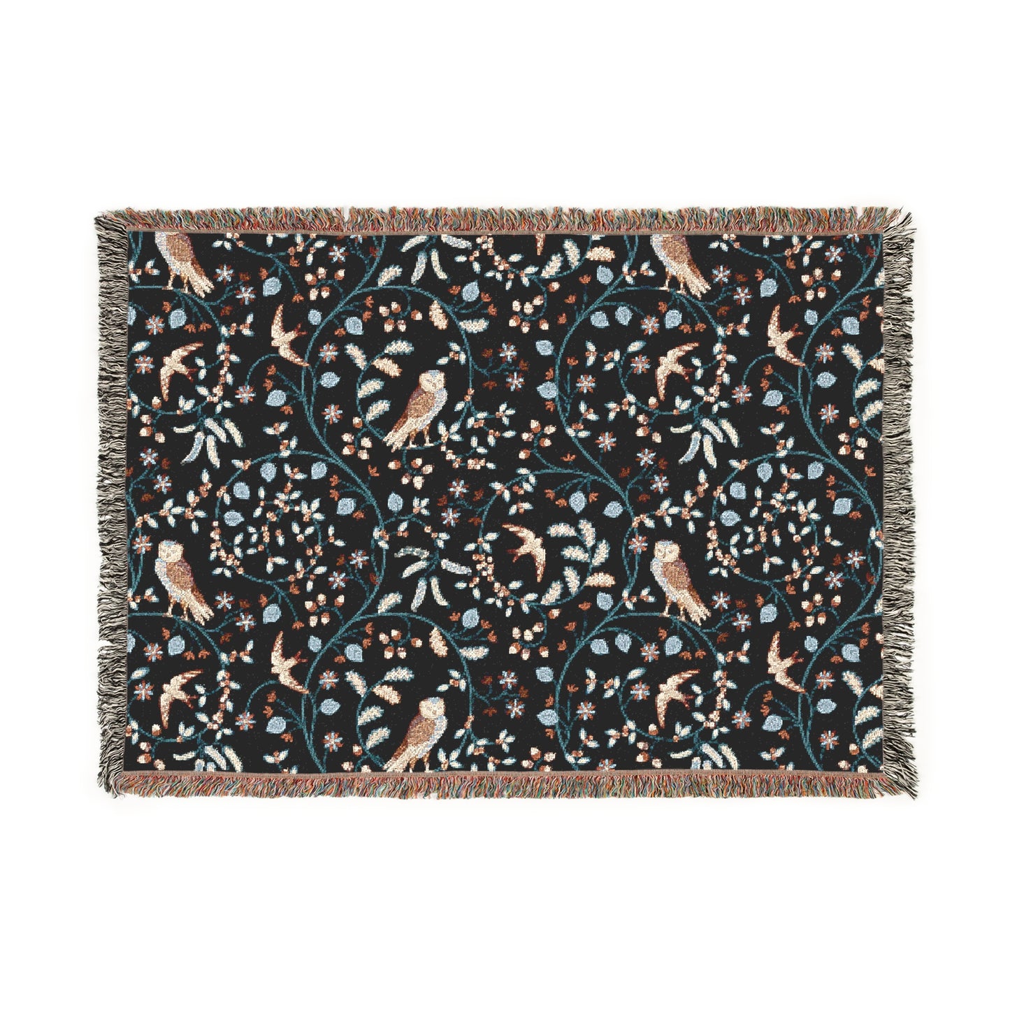 Decorative blanket with bird and floral pattern on a black background