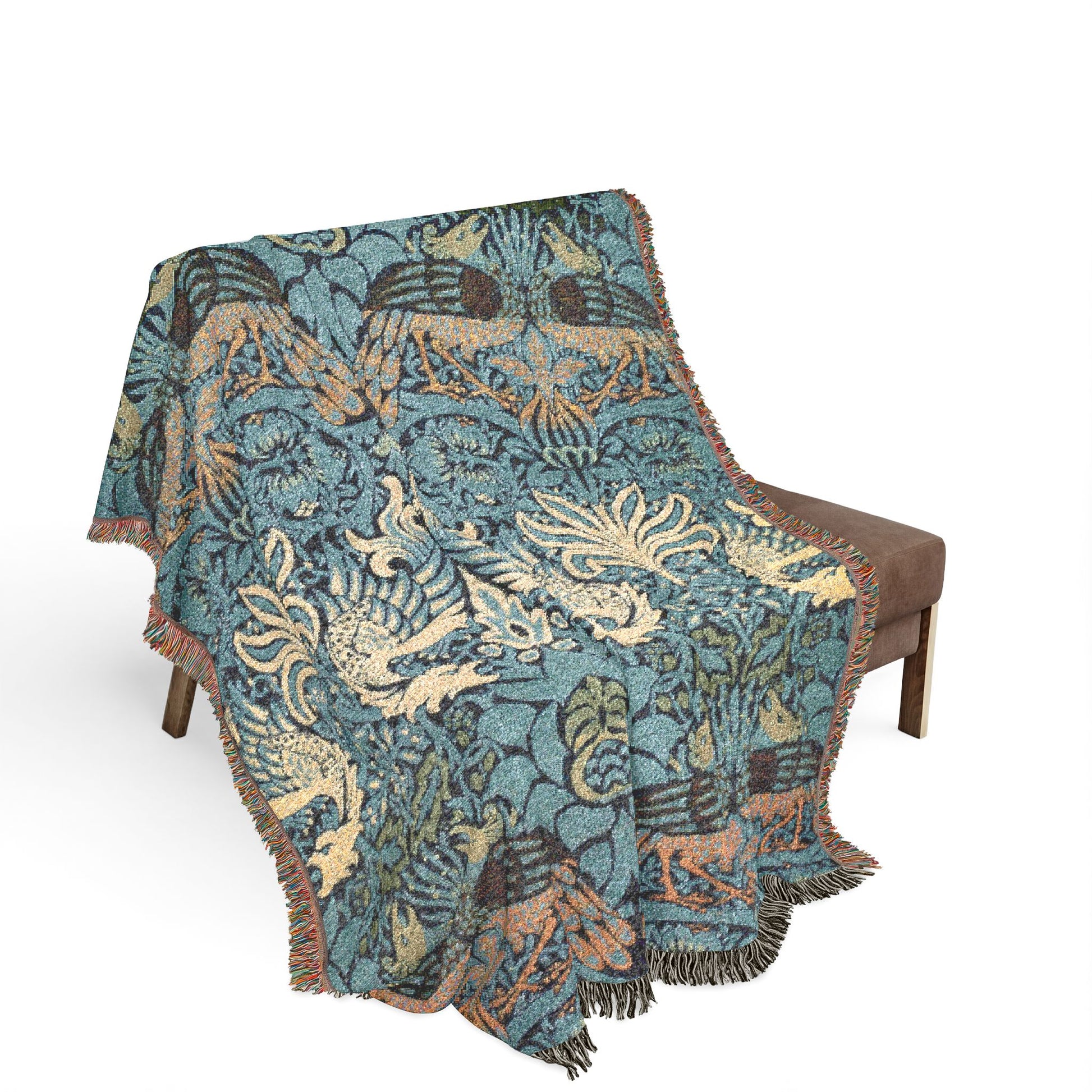 Woven Cotton Blanket inspired by William Morris & Co in a pattern called Peacock and Dragon Collection