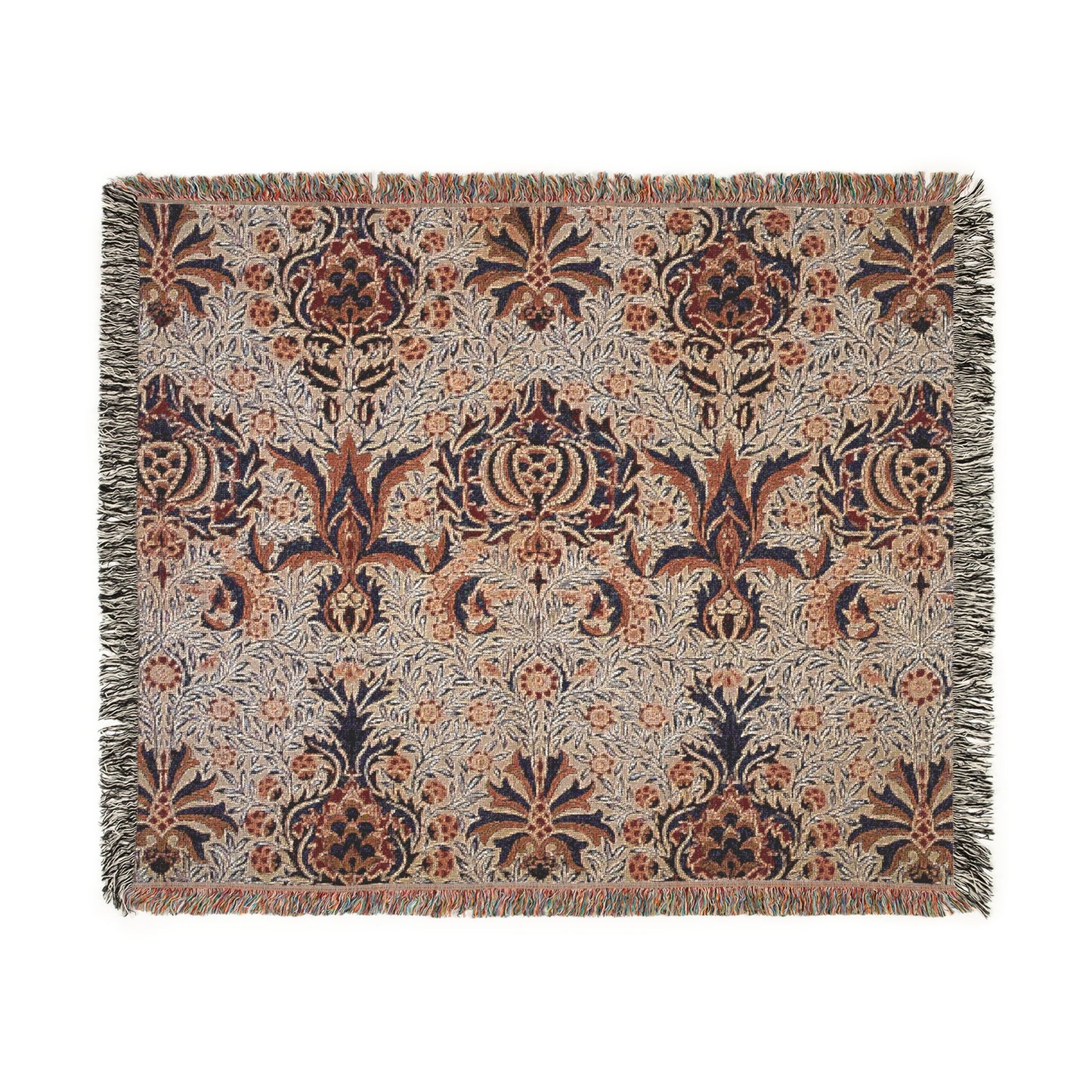 A woven cotton blanket with a geometric pattern in shades of brown, beige, and black, with a colorful fringed edge.