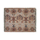 A woven cotton blanket with a geometric pattern in shades of brown, beige, and black, with a colorful fringed edge.
