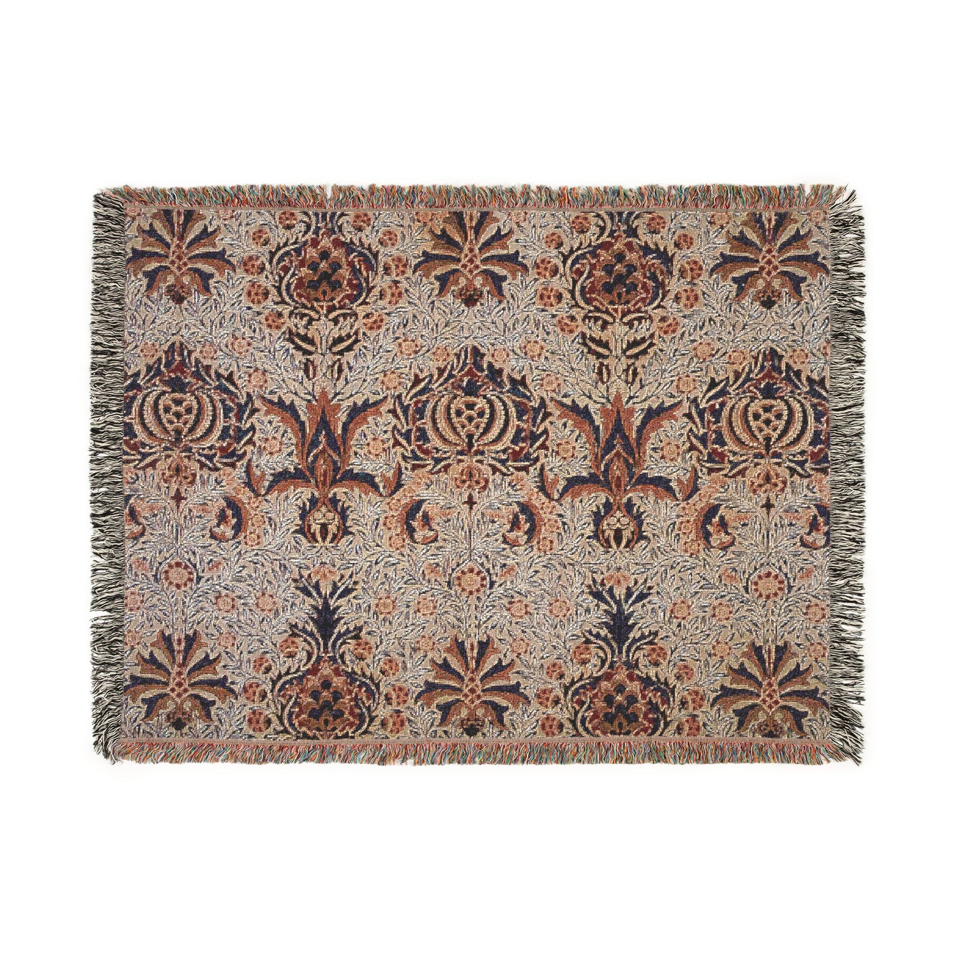 A woven cotton blanket with a geometric pattern in shades of brown, beige, and black, with a colorful fringed edge.