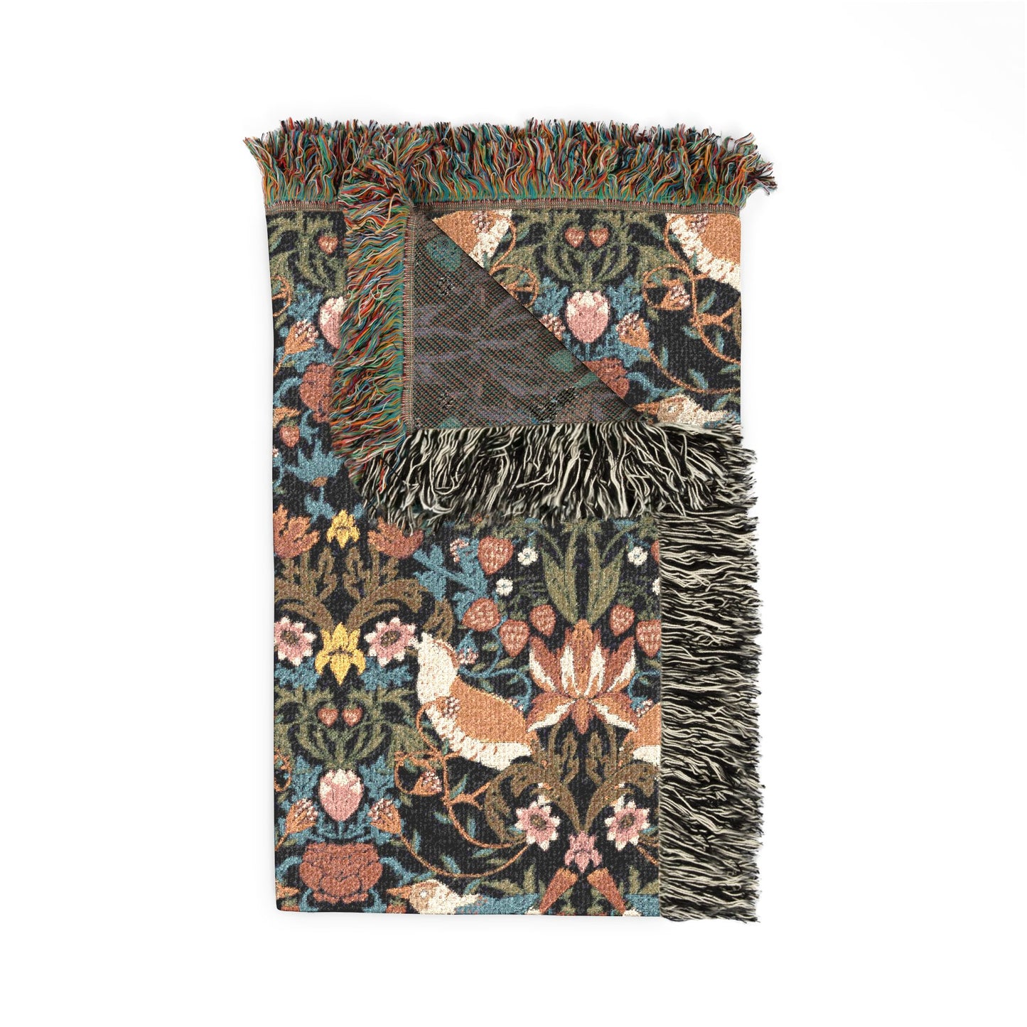 Decorative throw blanket with floral and bird pattern on a white background