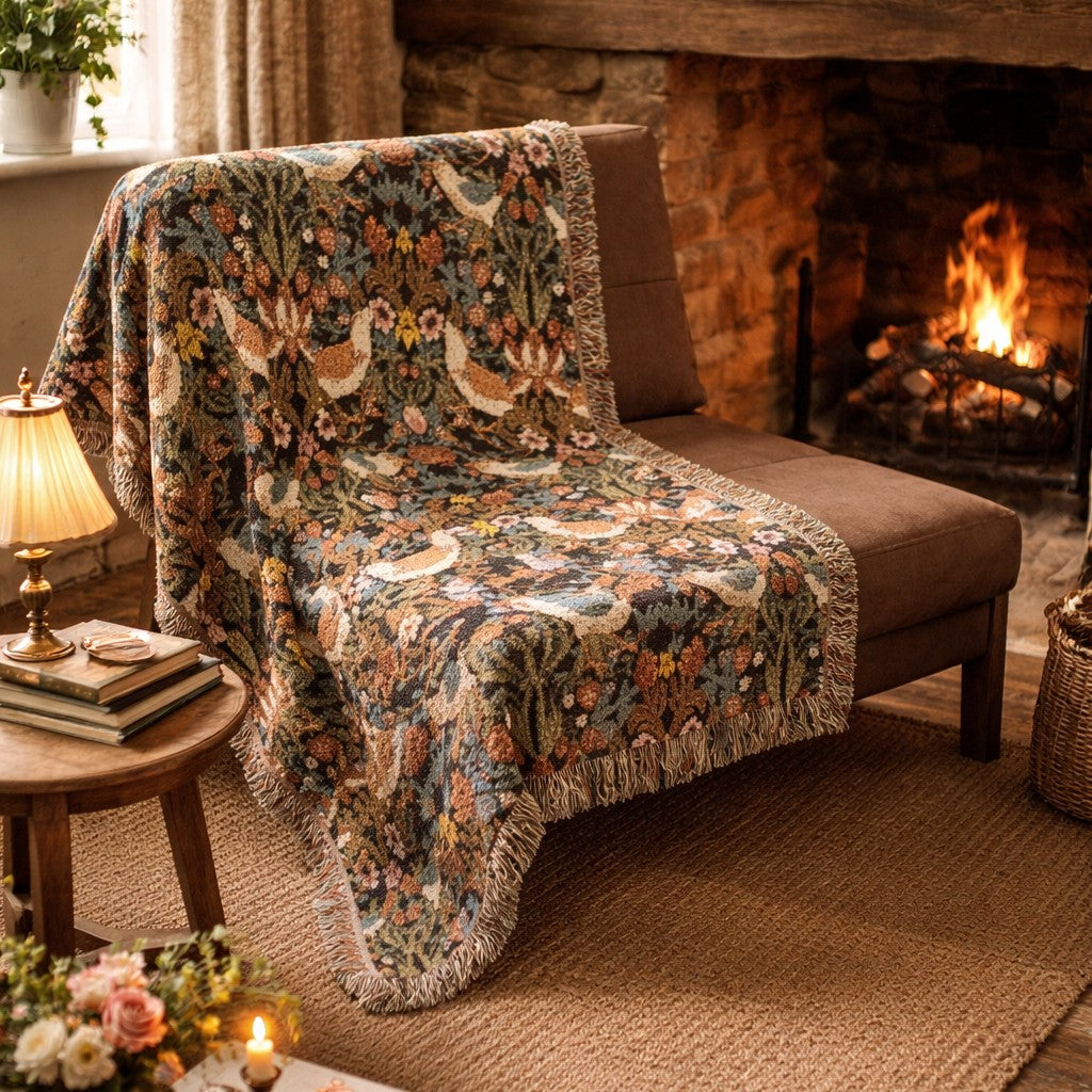 Floral-patterned Strawberry Thief blanket draped over a brown sofa in front of a fireplace.