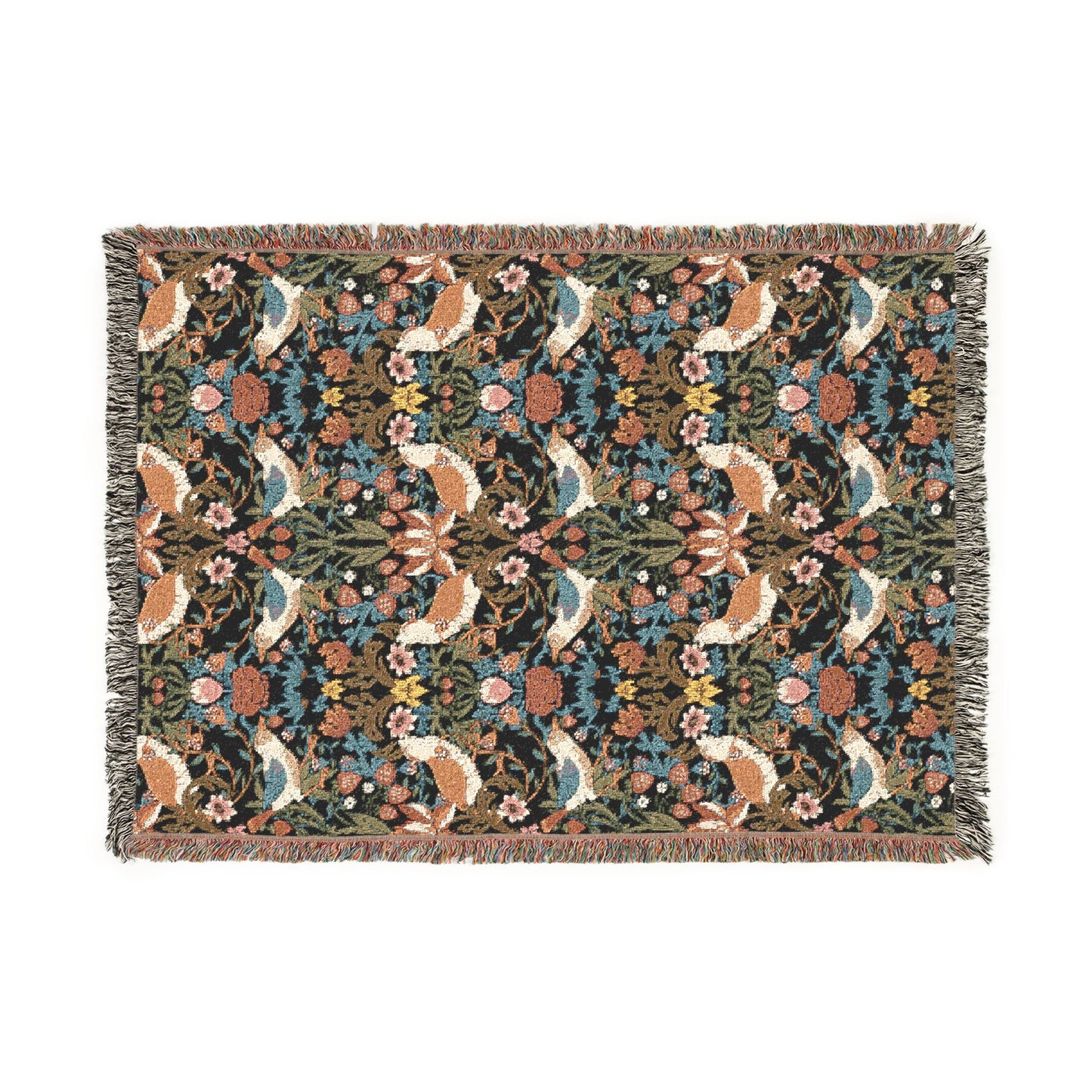 Floral and animal patterned throw blanket on a white background