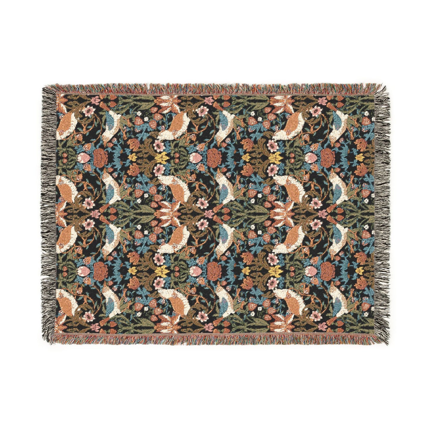 Decorative blanket with fox and floral pattern on a white background