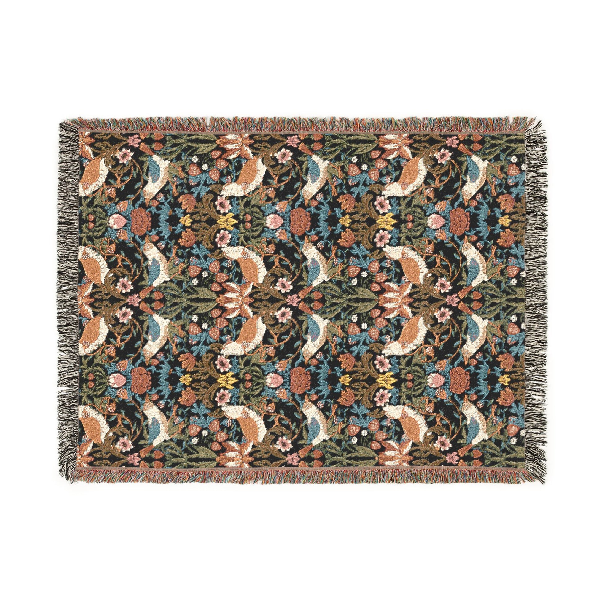 Decorative blanket with fox and floral pattern on a white background