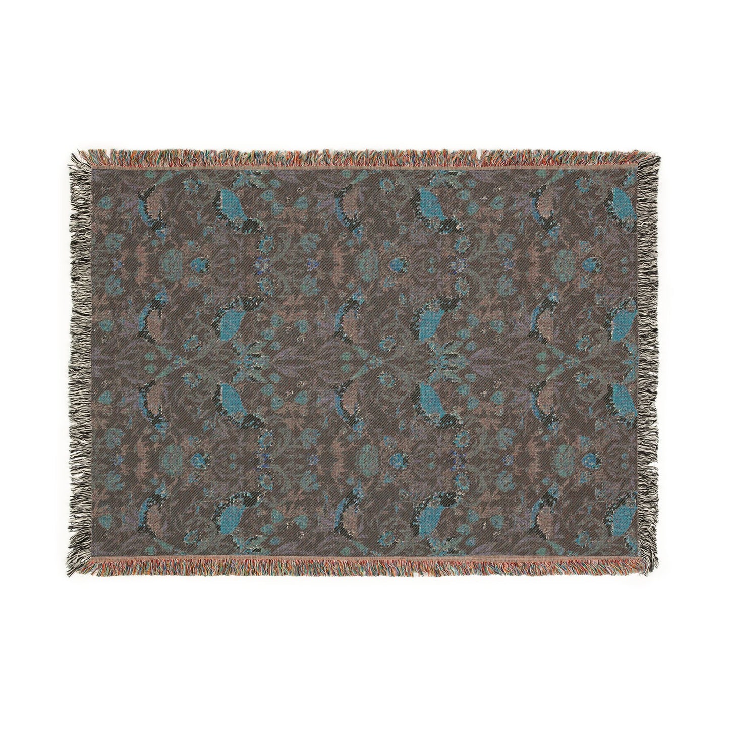 Patterned rug with blue and brown design on a white background