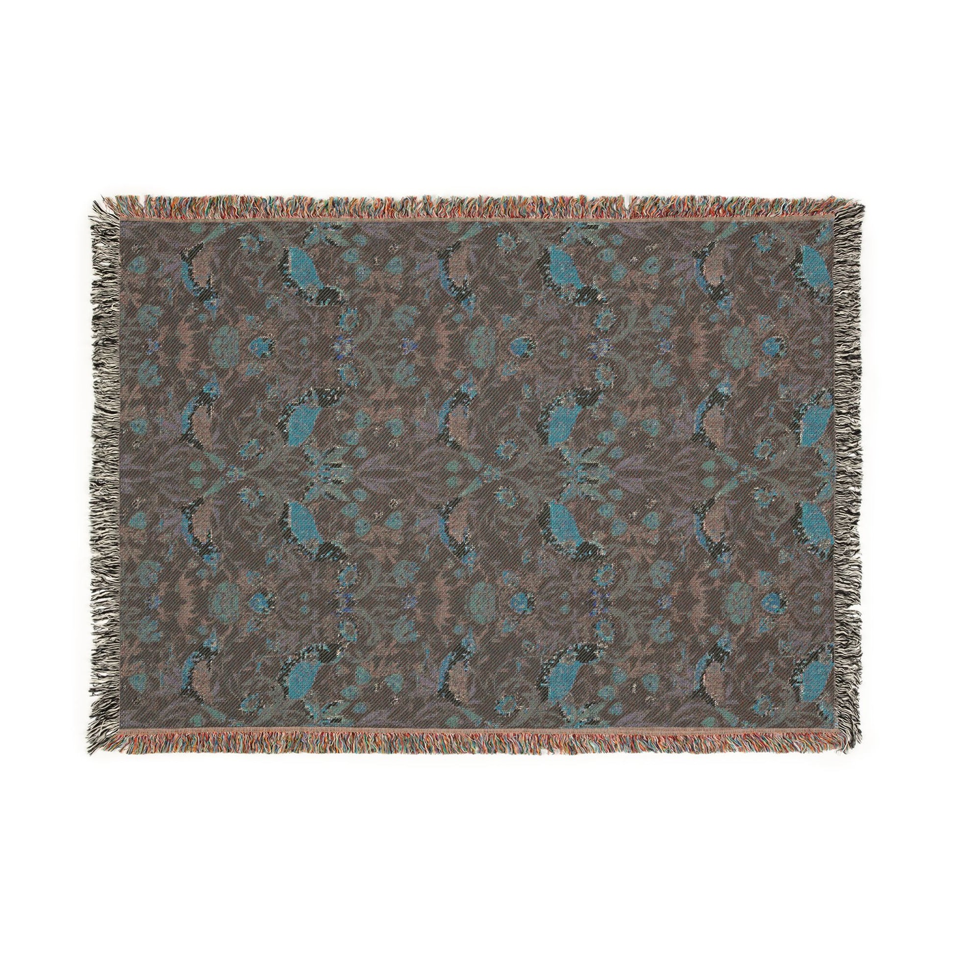 Patterned rug with blue and brown design on a white background