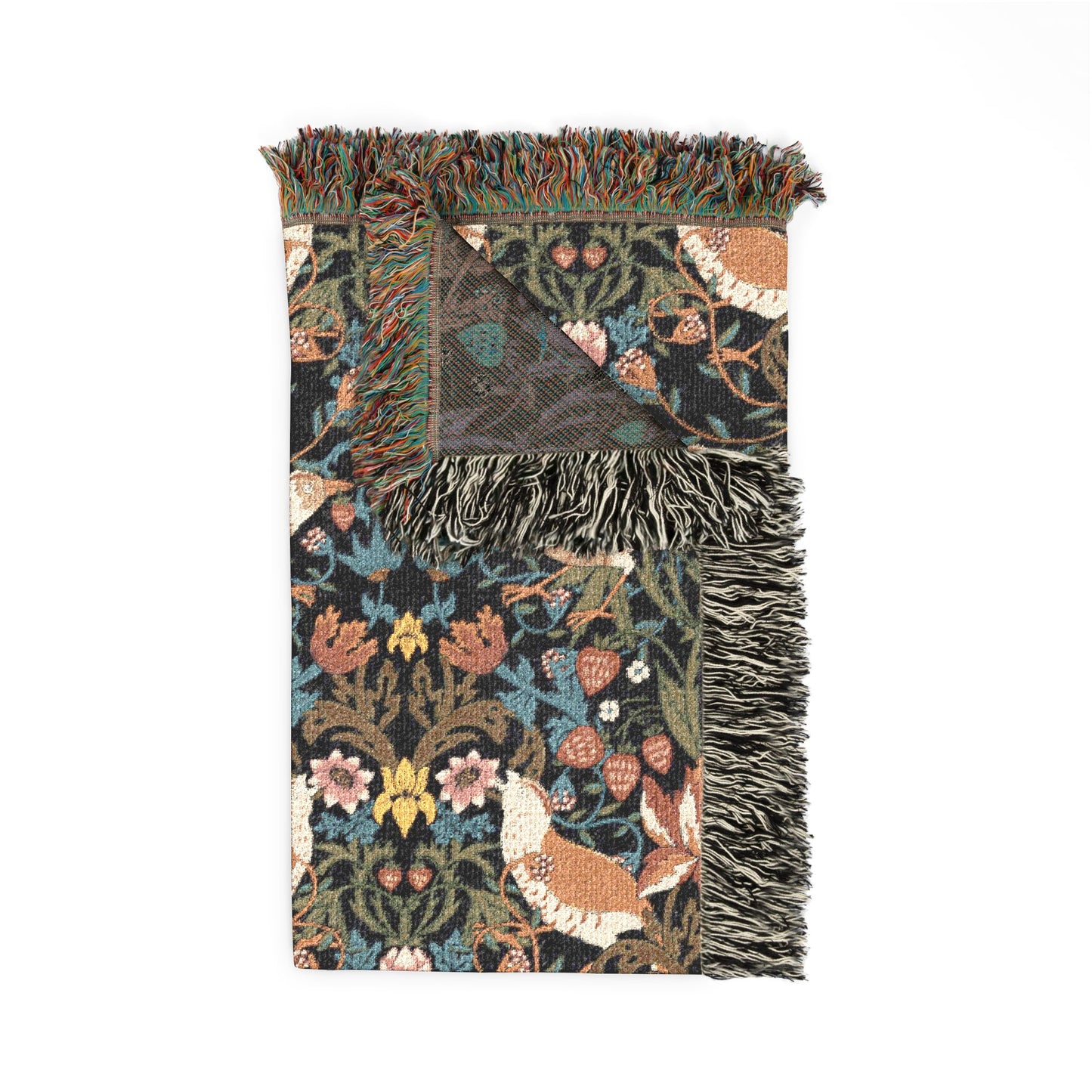 Decorative blanket with floral and animal pattern on a white background