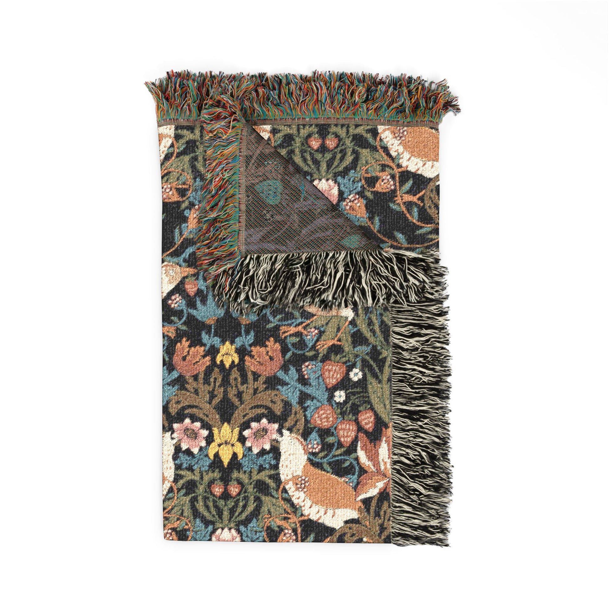 Decorative blanket with floral and animal pattern on a white background